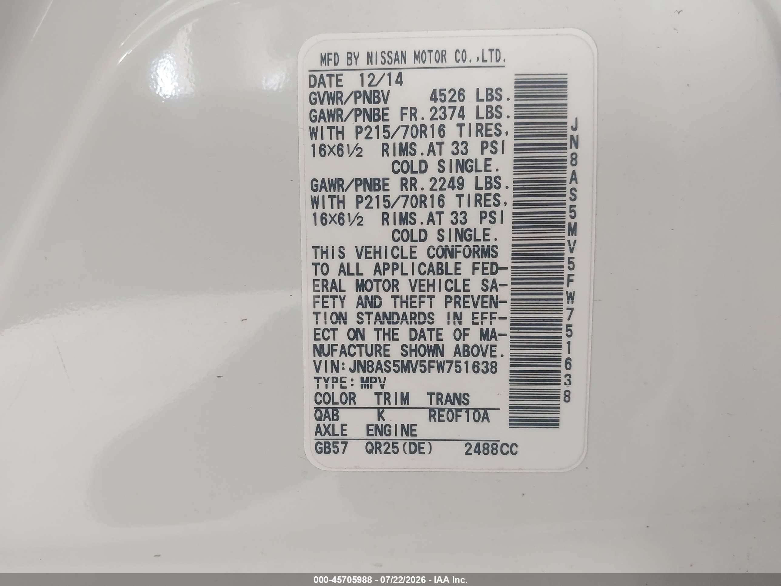 2015 Nissan Rogue Select S White vin: JN8AS5MV5FW751638