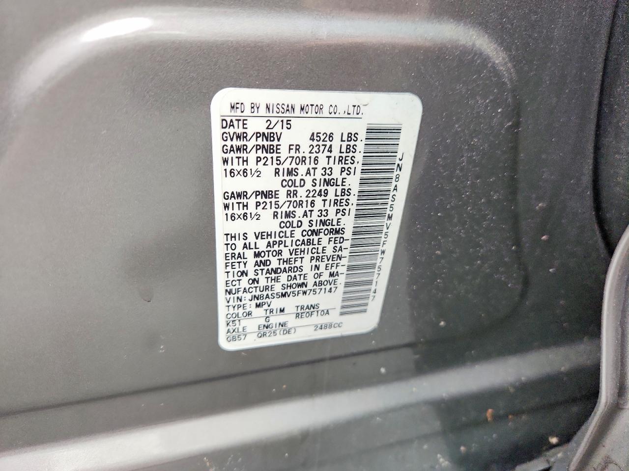 2015 Nissan Rogue Select S Gray vin: JN8AS5MV5FW757147