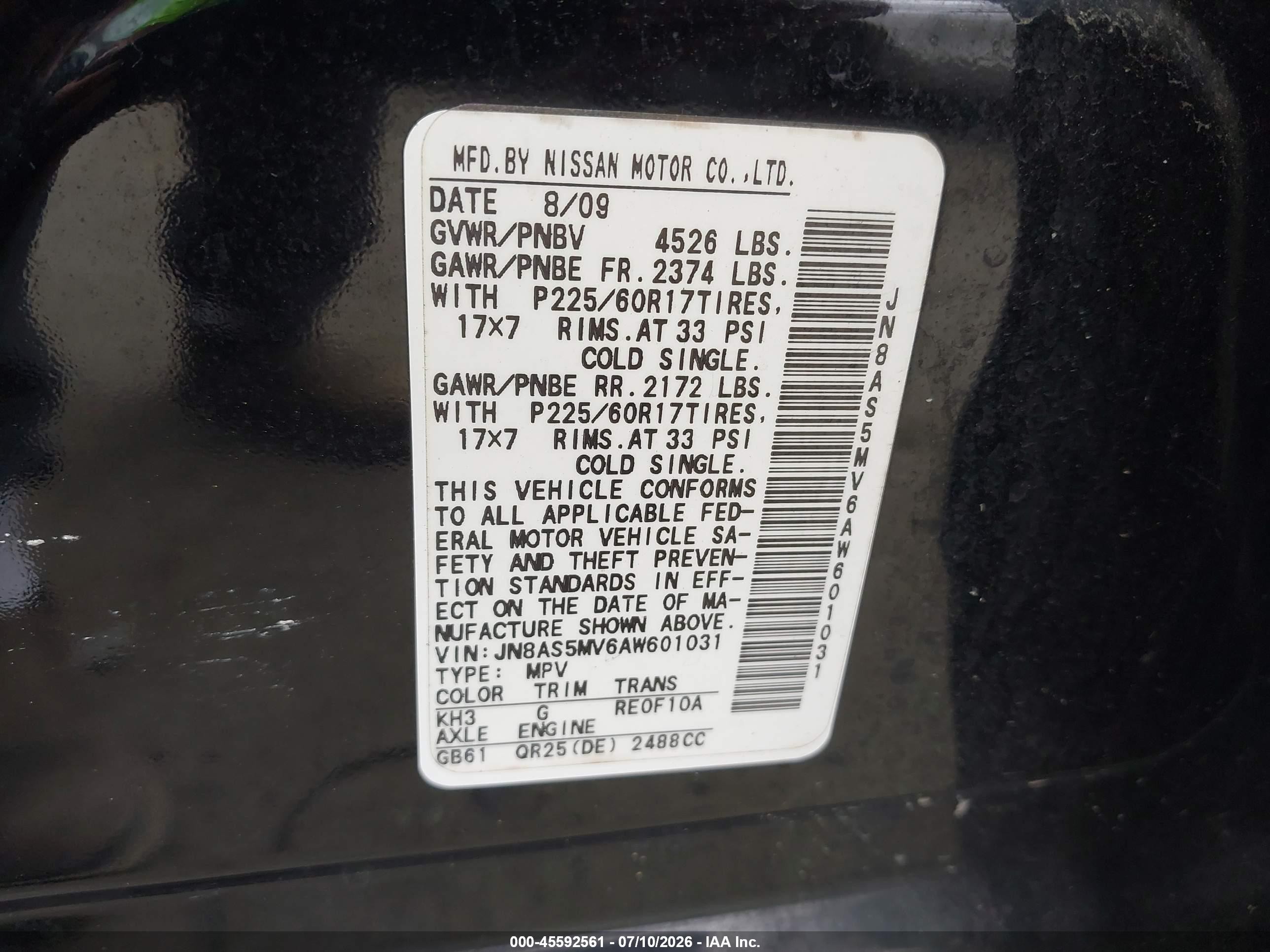 2010 Nissan Rogue Sl Black vin: JN8AS5MV6AW601031