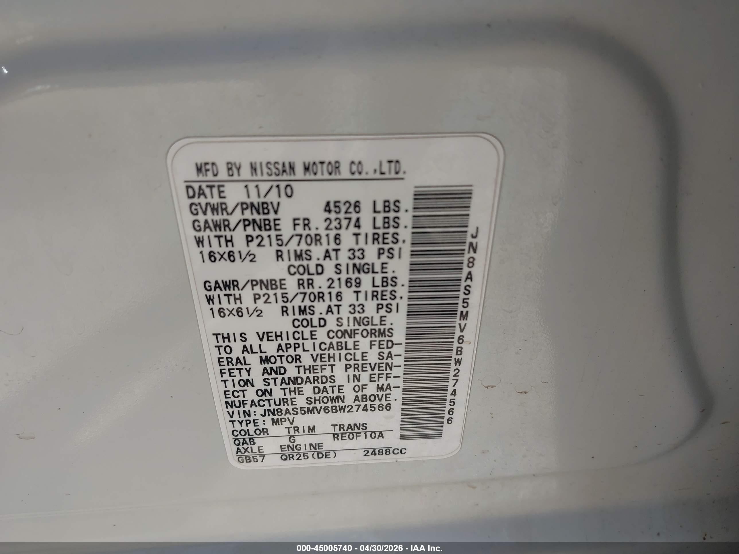 2011 Nissan Rogue S White vin: JN8AS5MV6BW274566