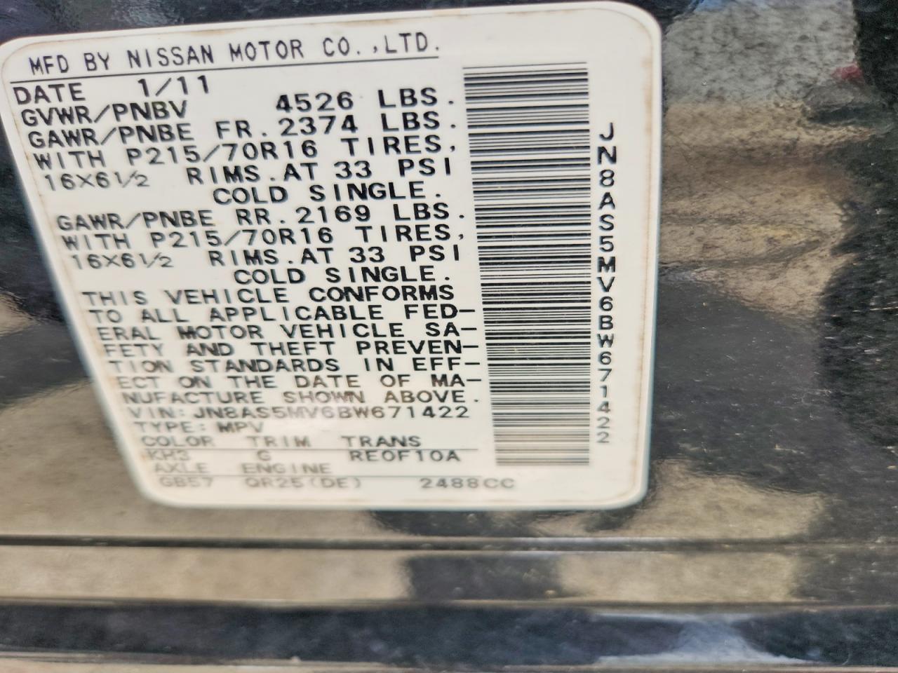 2011 Nissan Rogue S Black vin: JN8AS5MV6BW671422