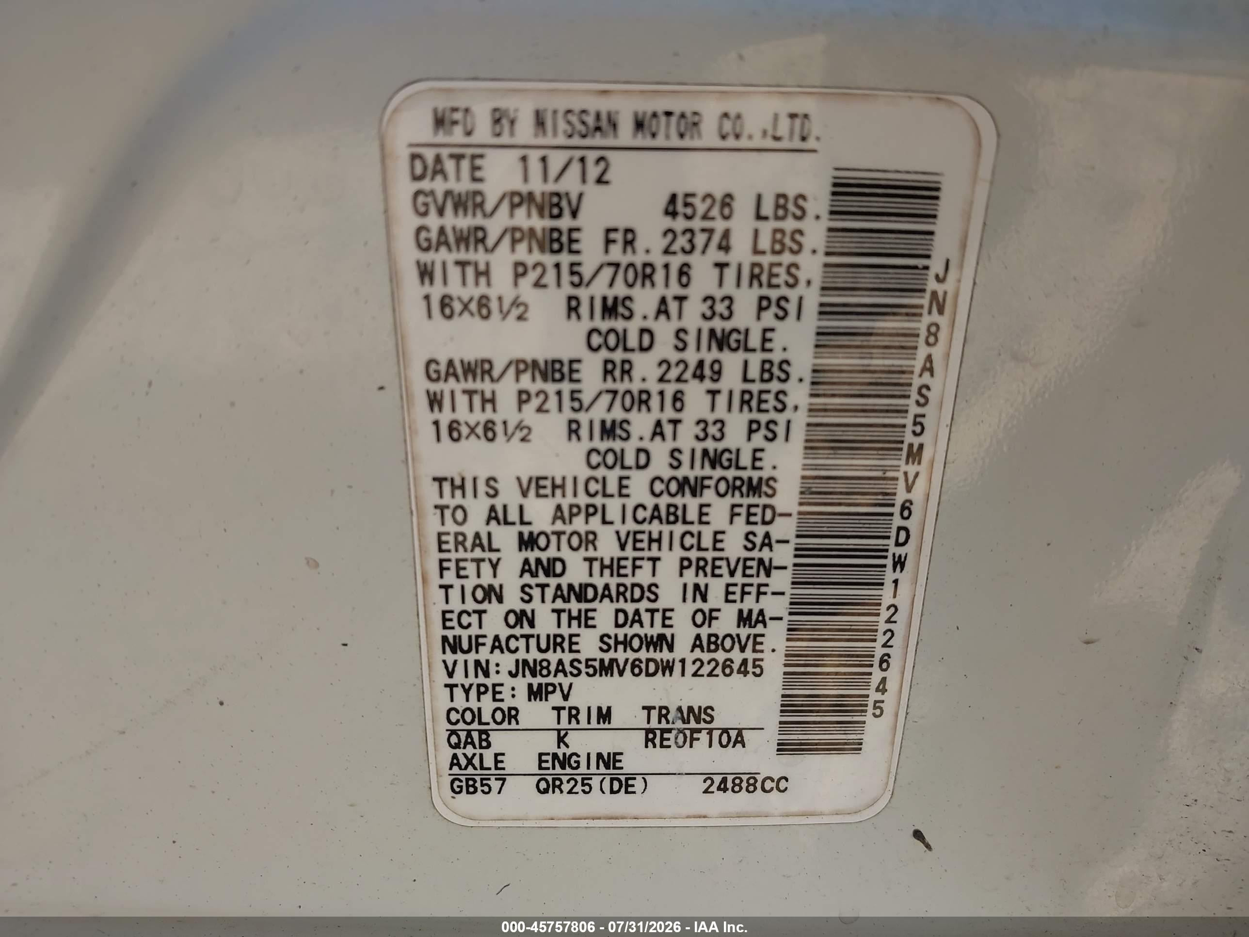 2013 Nissan Rogue S White vin: JN8AS5MV6DW122645