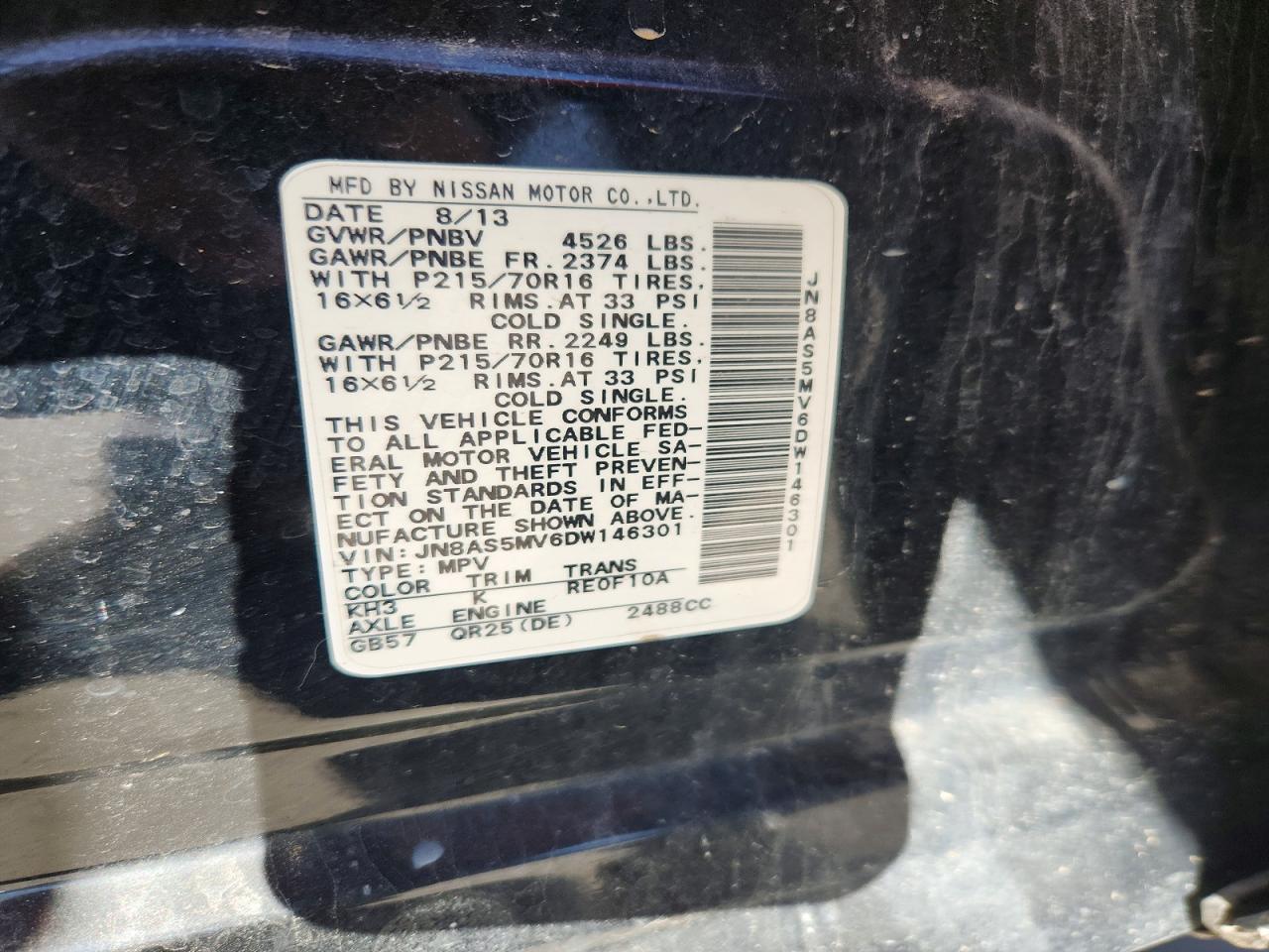 2013 Nissan Rogue Black vin: JN8AS5MV6DW146301