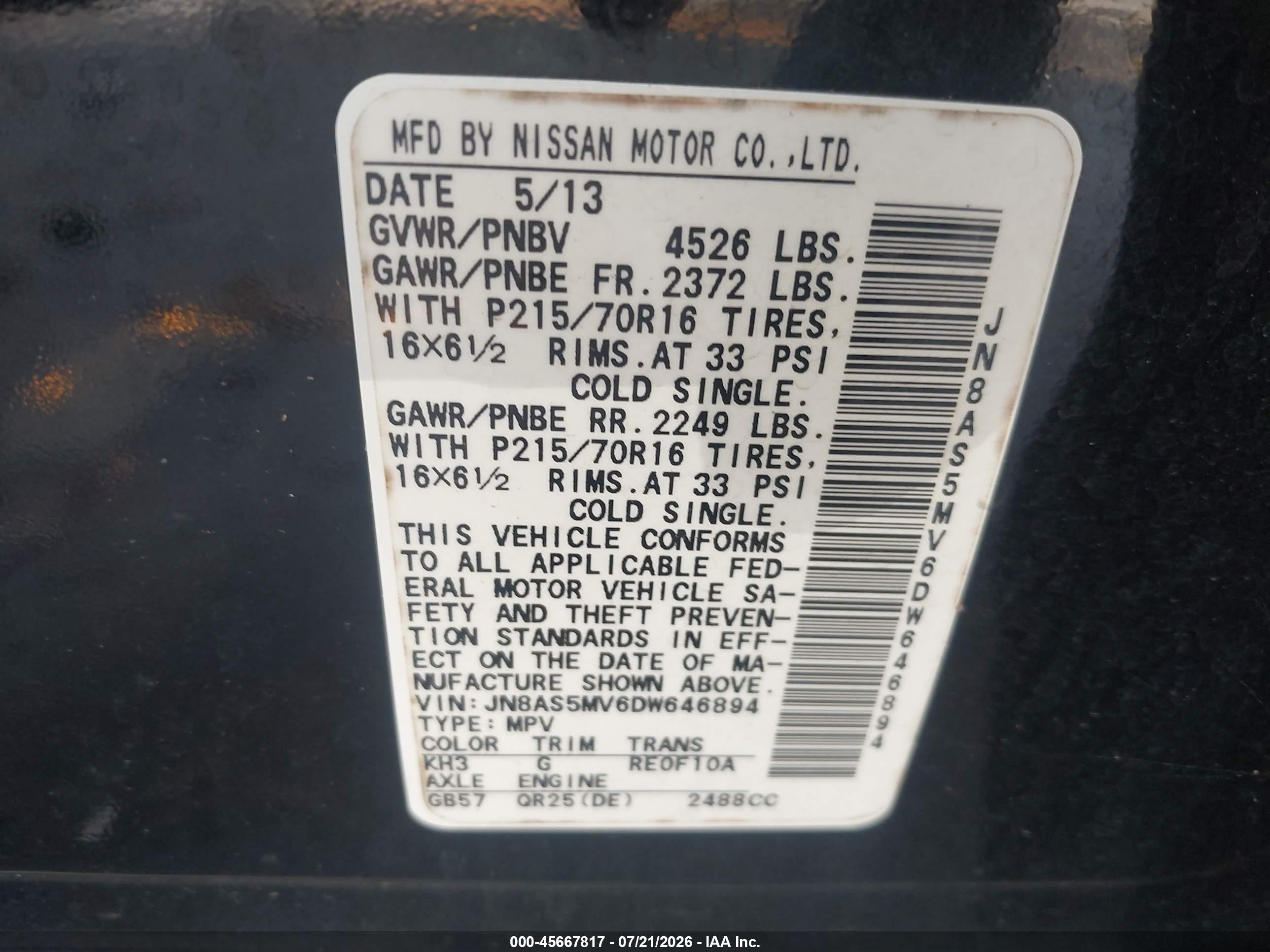 2013 Nissan Rogue S Black vin: JN8AS5MV6DW646894