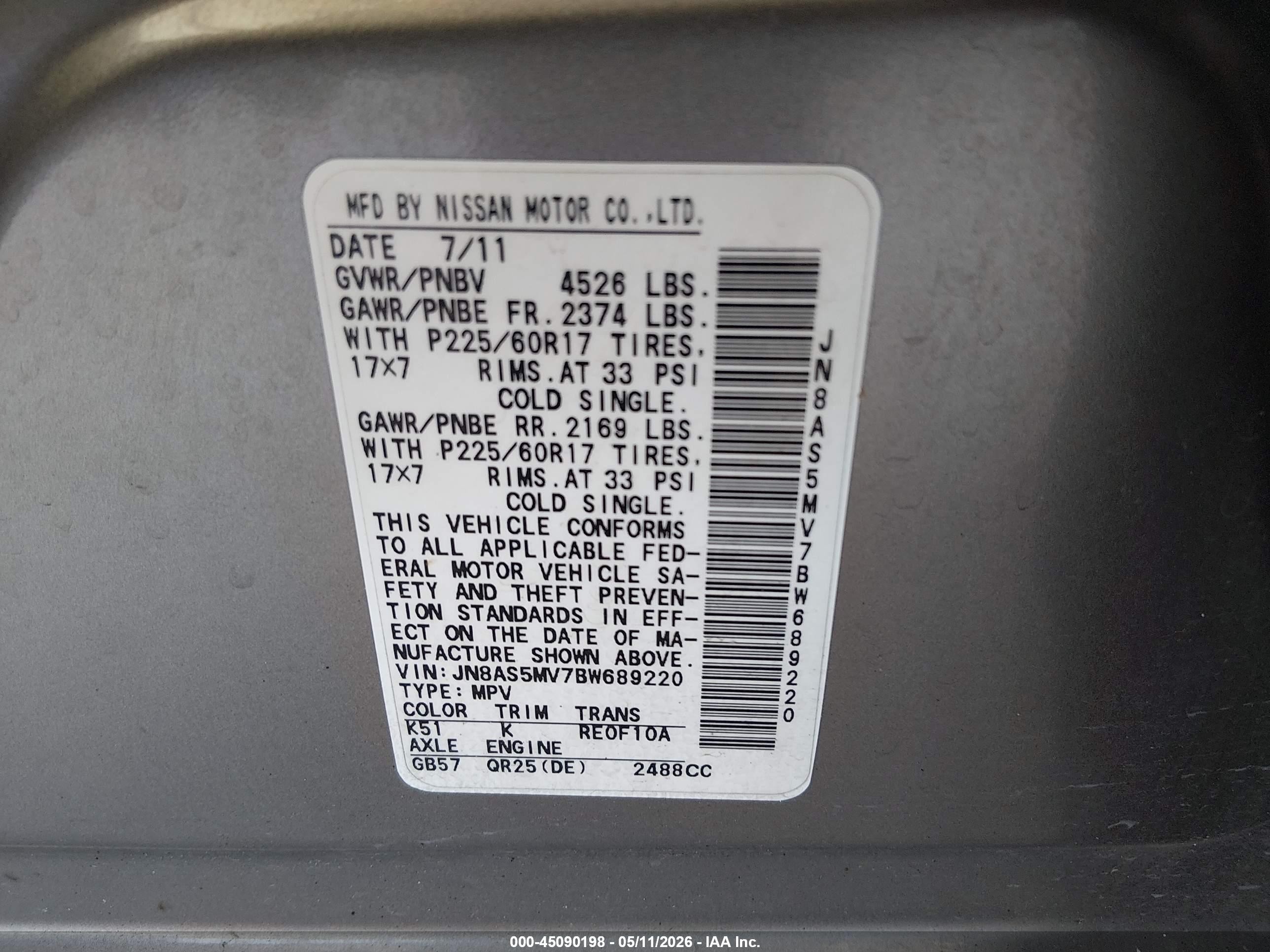 2011 Nissan Rogue Sv Gray vin: JN8AS5MV7BW689220
