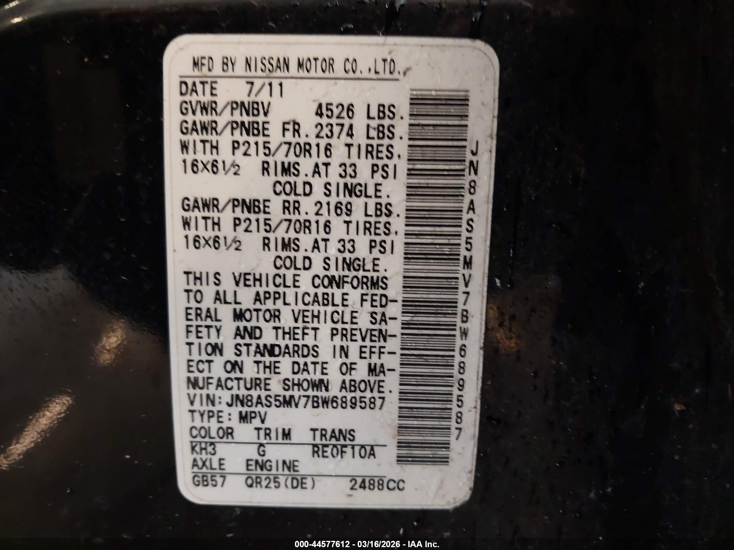 2011 Nissan Rogue S Black vin: JN8AS5MV7BW689587
