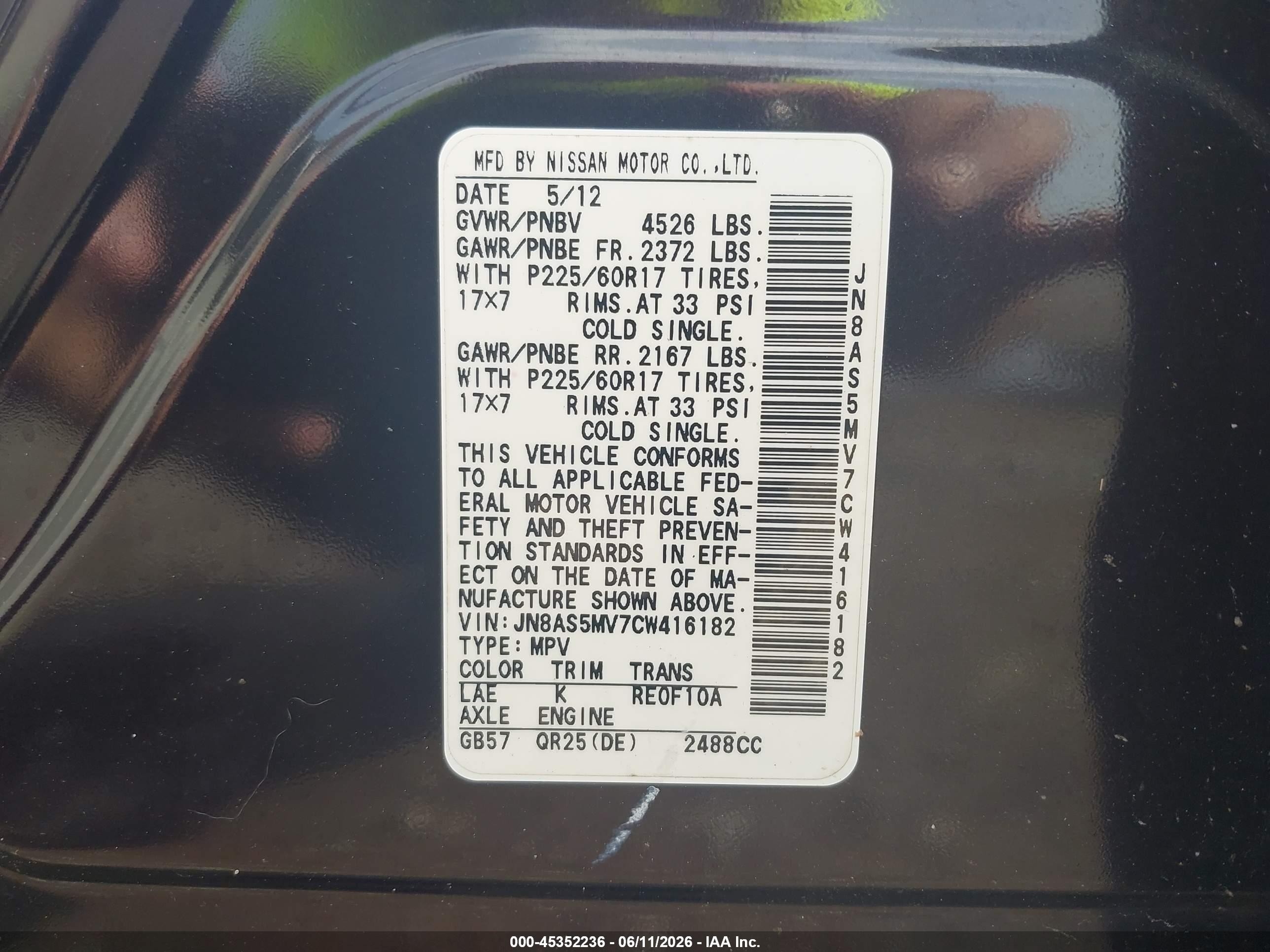 2012 Nissan Rogue Sv Black vin: JN8AS5MV7CW416182