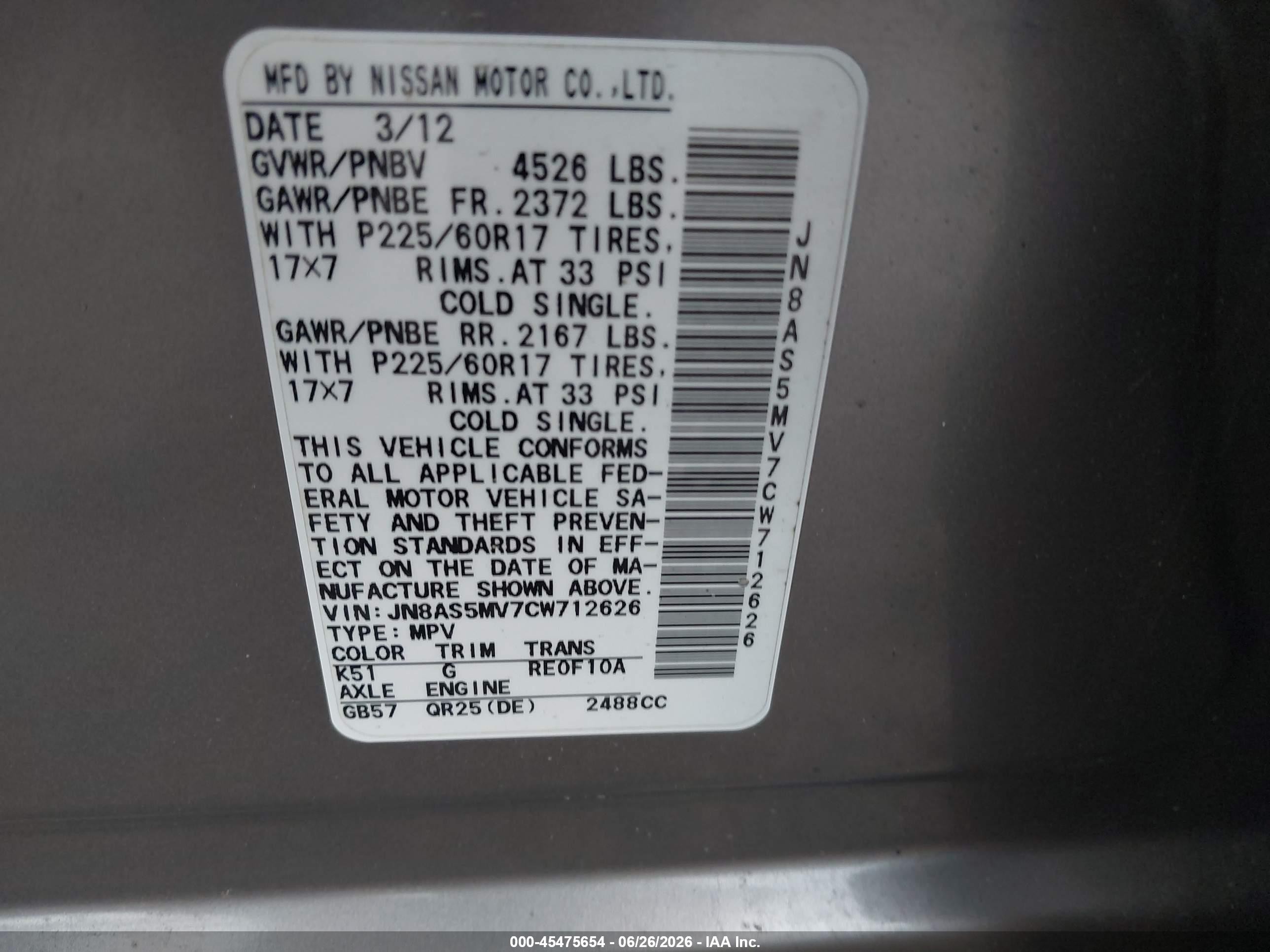 2012 Nissan Rogue Sv Gray vin: JN8AS5MV7CW712626