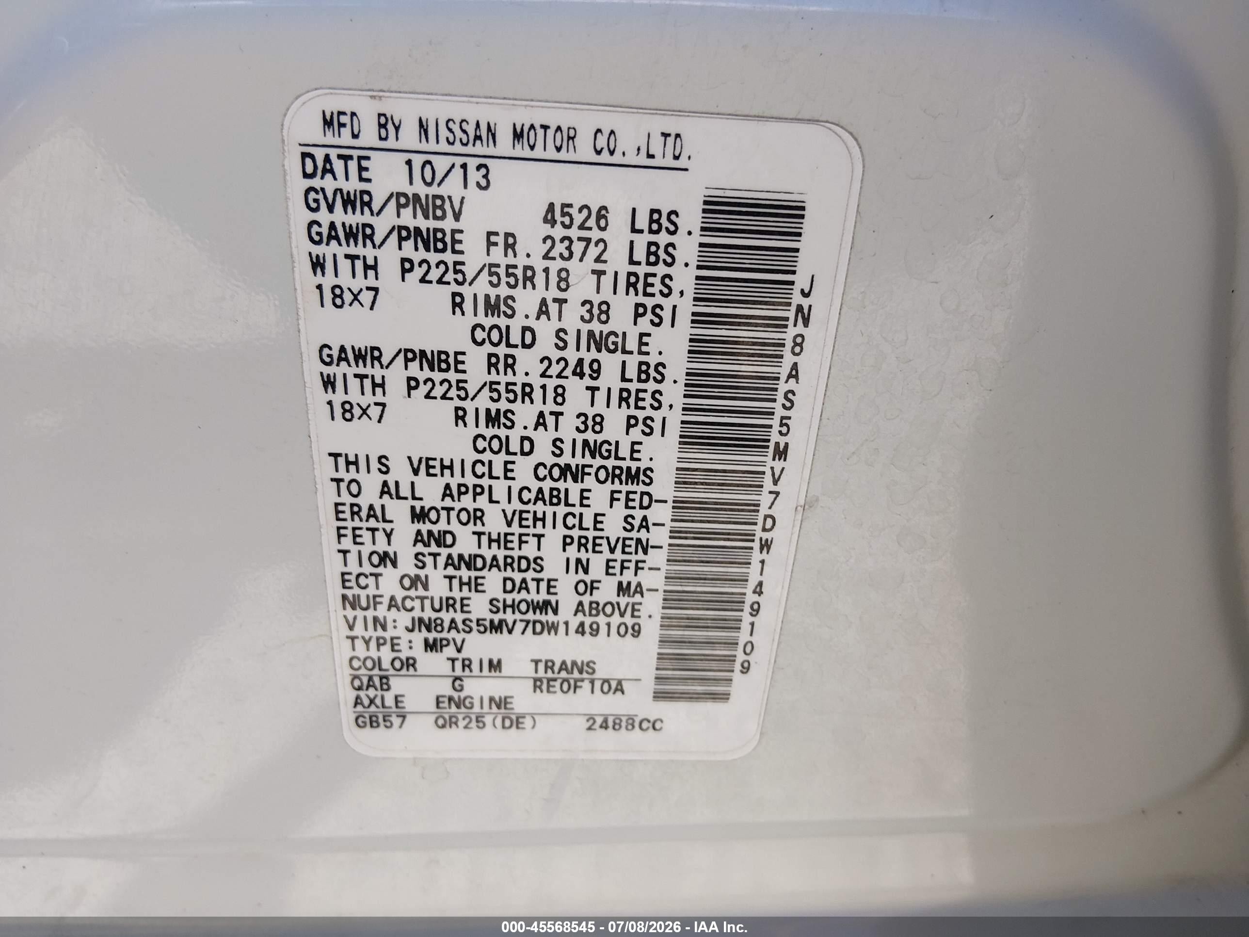 2013 Nissan Rogue Sv W/sl Pkg White vin: JN8AS5MV7DW149109