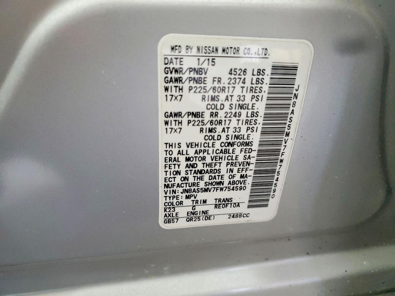 2015 Nissan Rogue Select S Silver vin: JN8AS5MV7FW754590