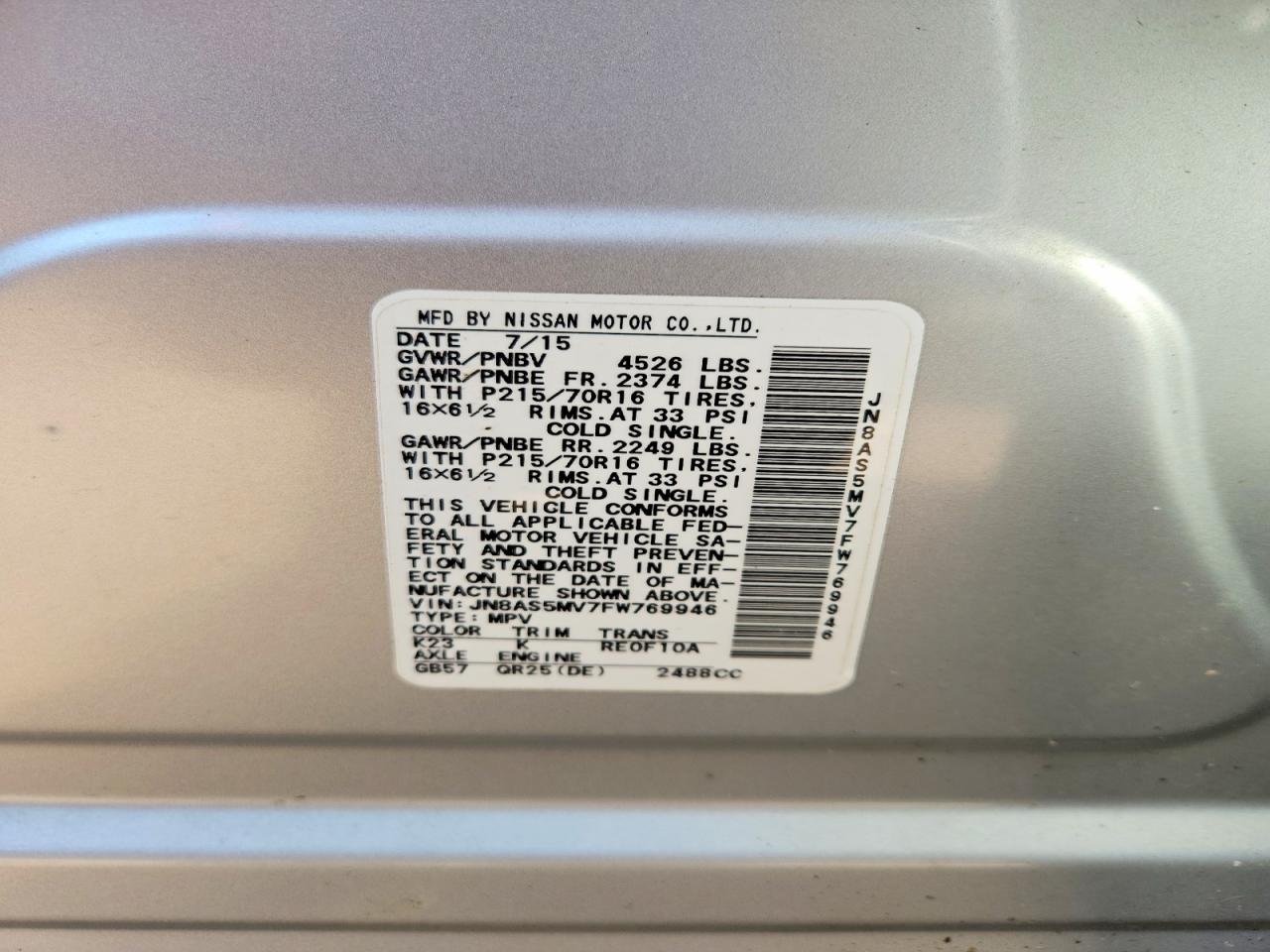 2015 Nissan Rogue Select S Silver vin: JN8AS5MV7FW769946