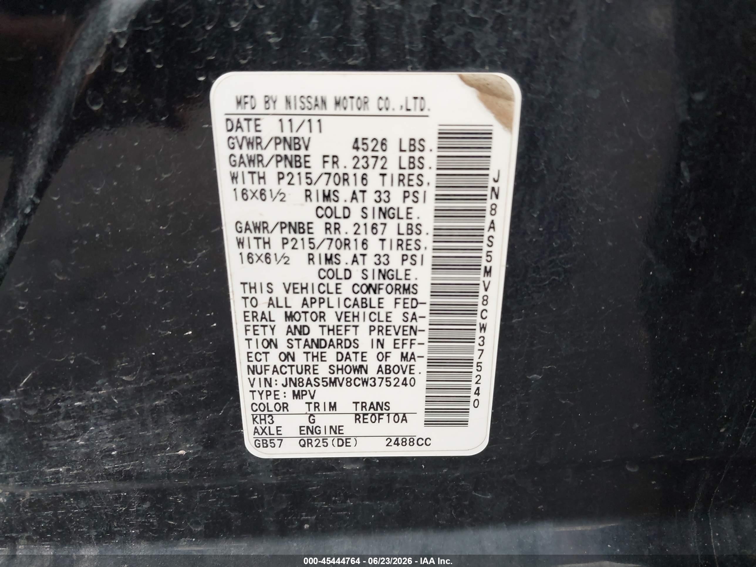 2012 Nissan Rogue S Black vin: JN8AS5MV8CW375240