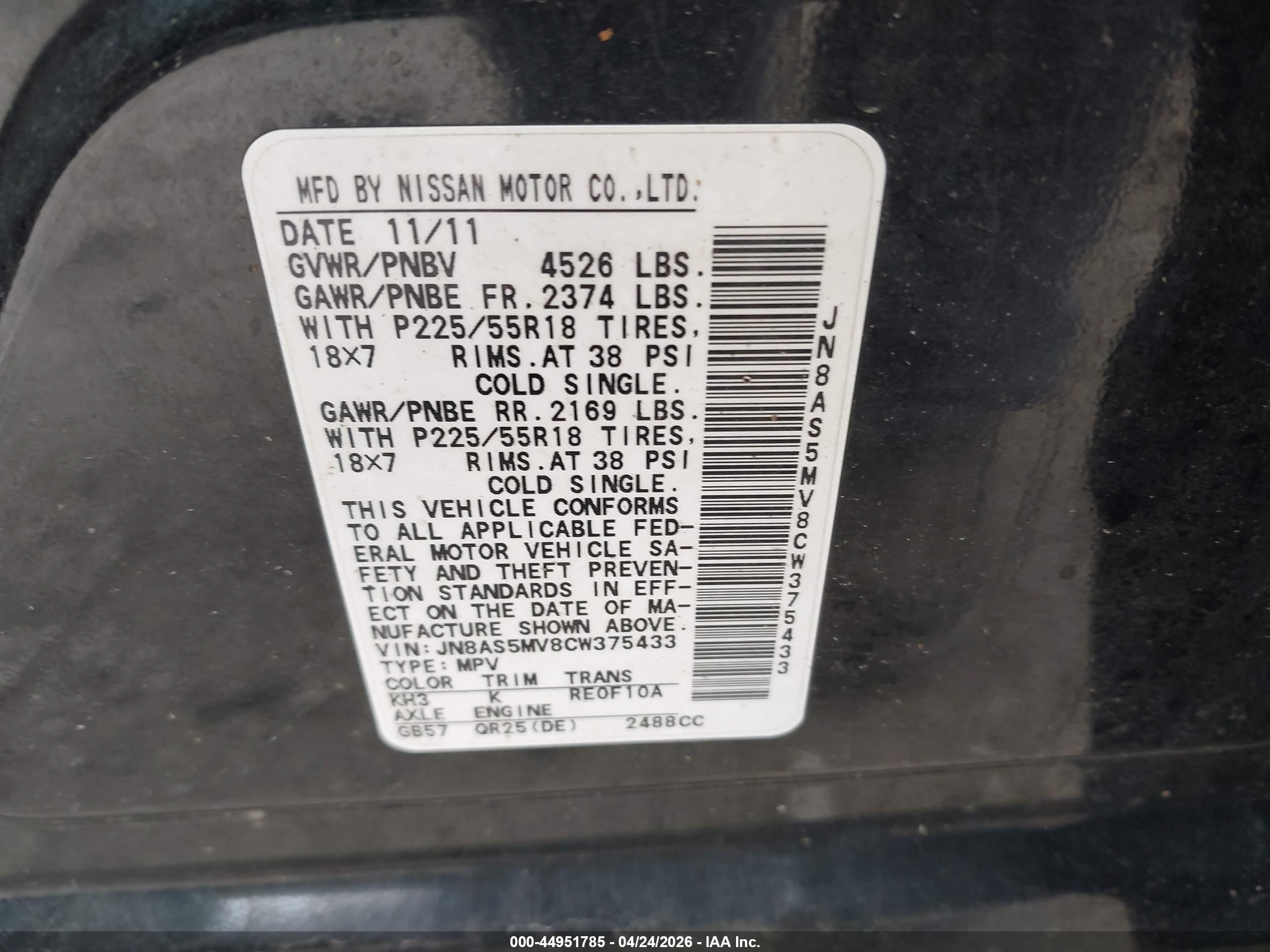 2012 Nissan Rogue Sv W/sl Pkg Black vin: JN8AS5MV8CW375433