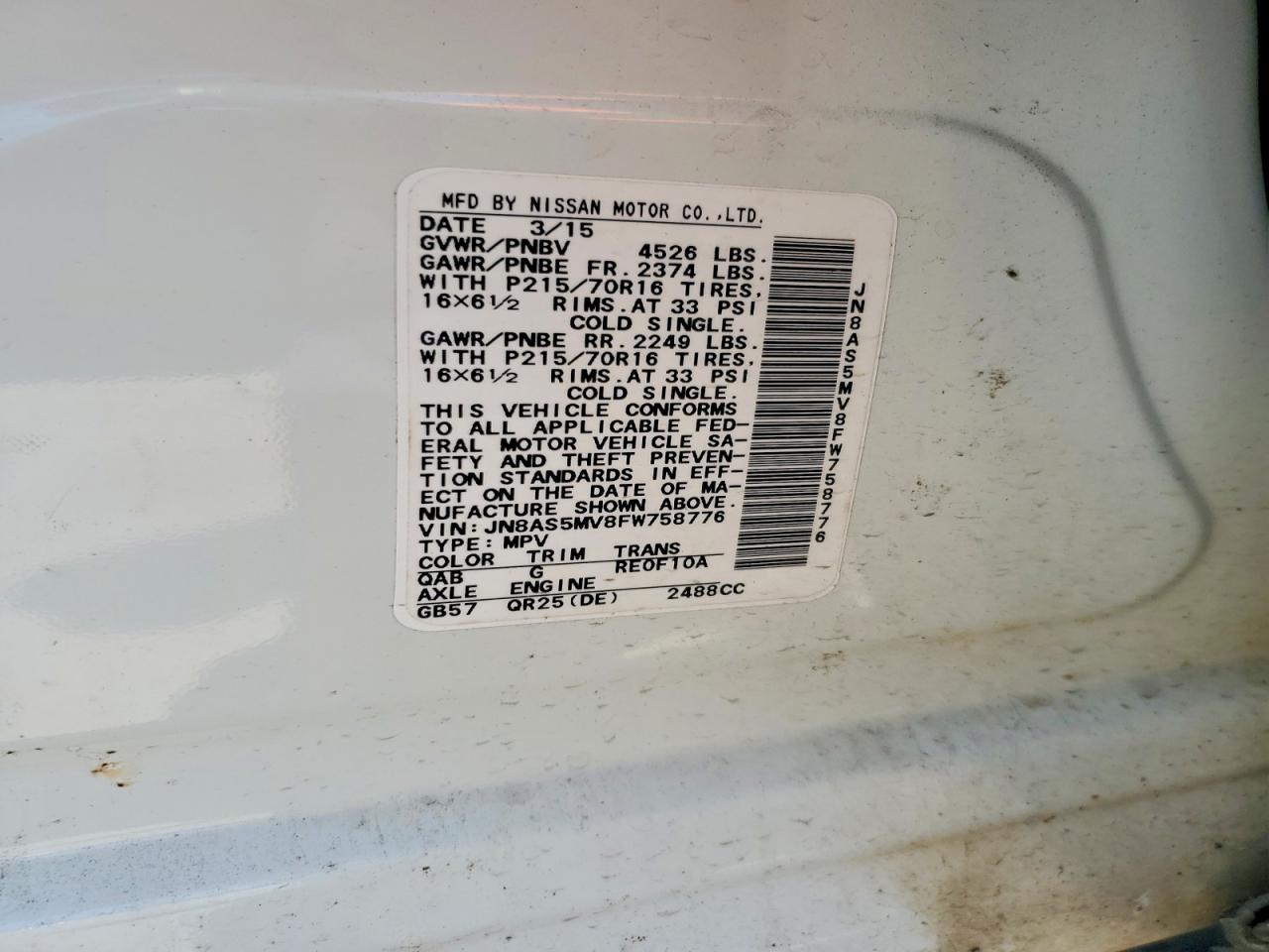 2015 Nissan Rogue Select S White vin: JN8AS5MV8FW758776
