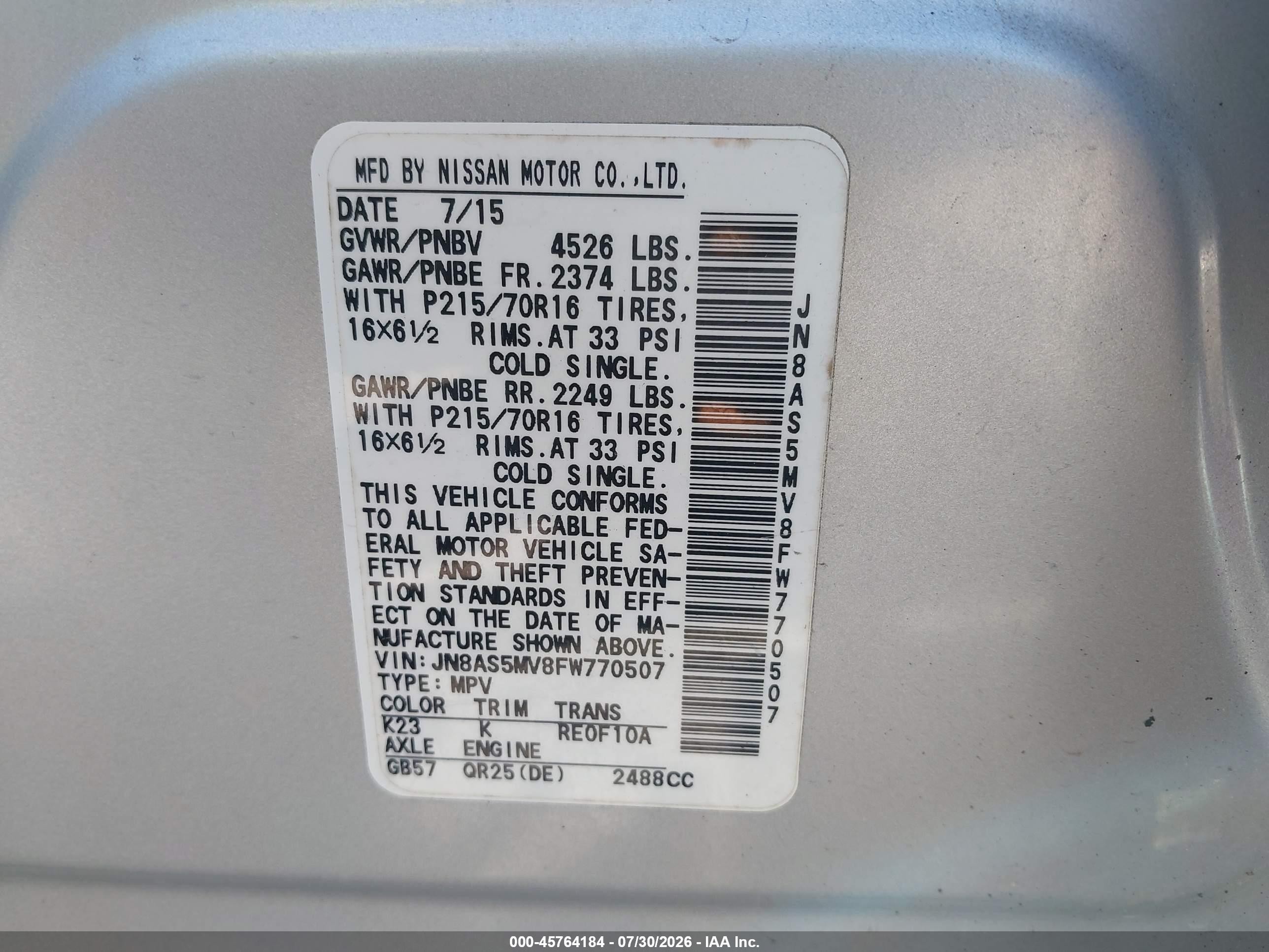 2015 Nissan Rogue Select S Silver vin: JN8AS5MV8FW770507