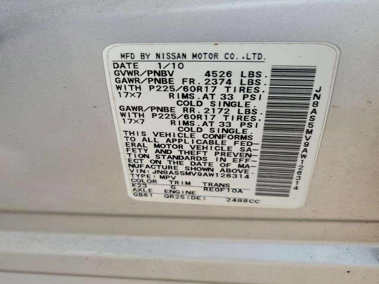 2010 Nissan Rogue S/sl/krom Silver vin: JN8AS5MV9AW126314