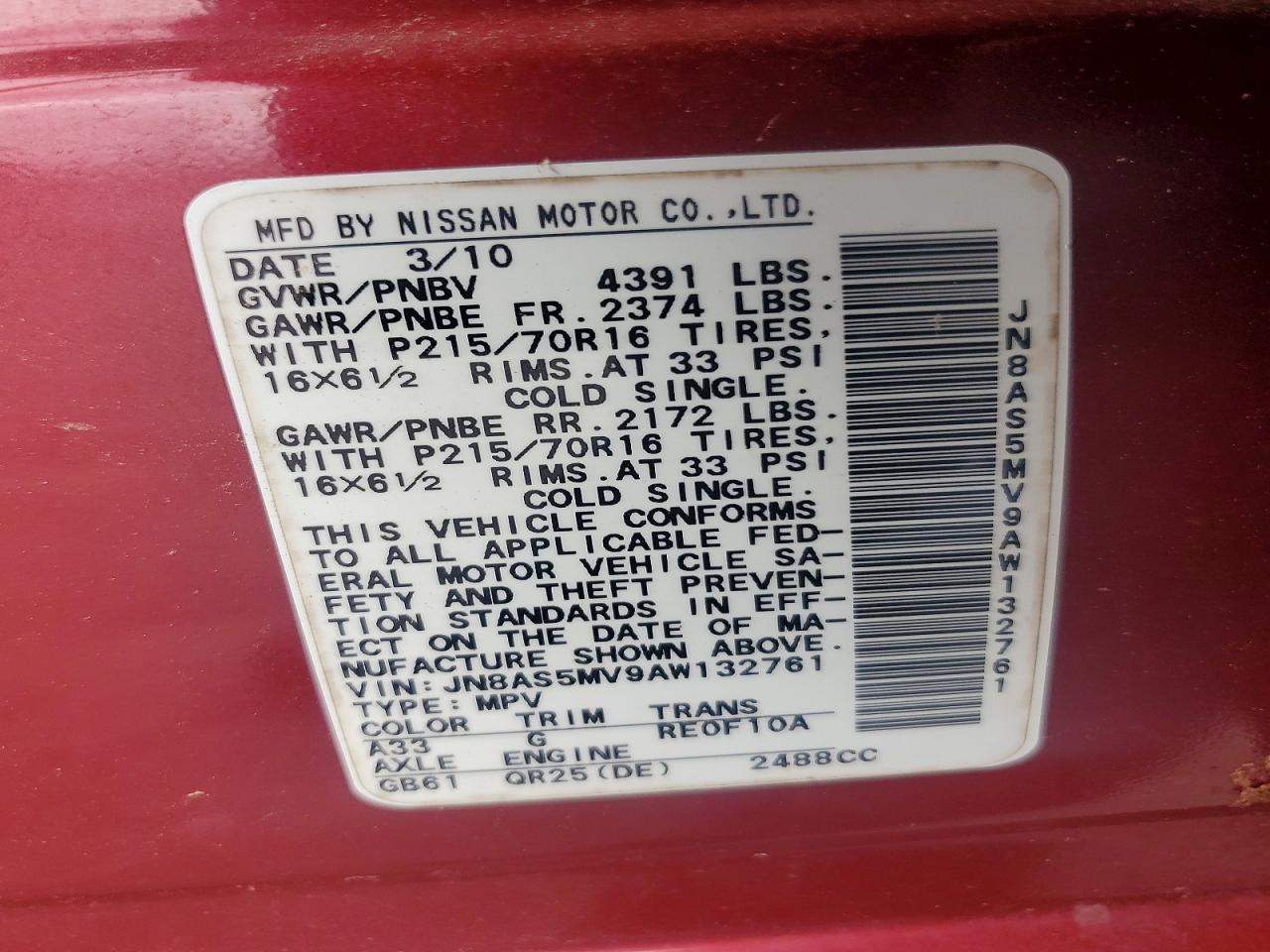 2010 Nissan Rogue S Red vin: JN8AS5MV9AW132761