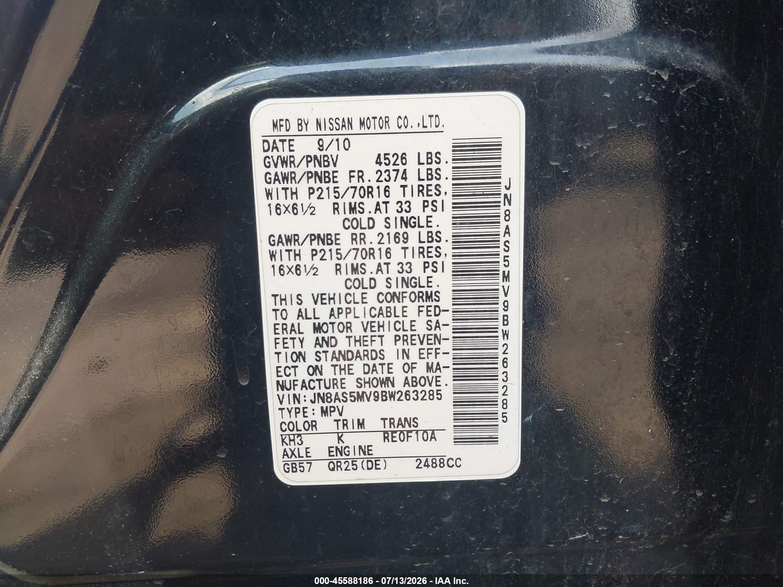 2011 Nissan Rogue S Black vin: JN8AS5MV9BW263285