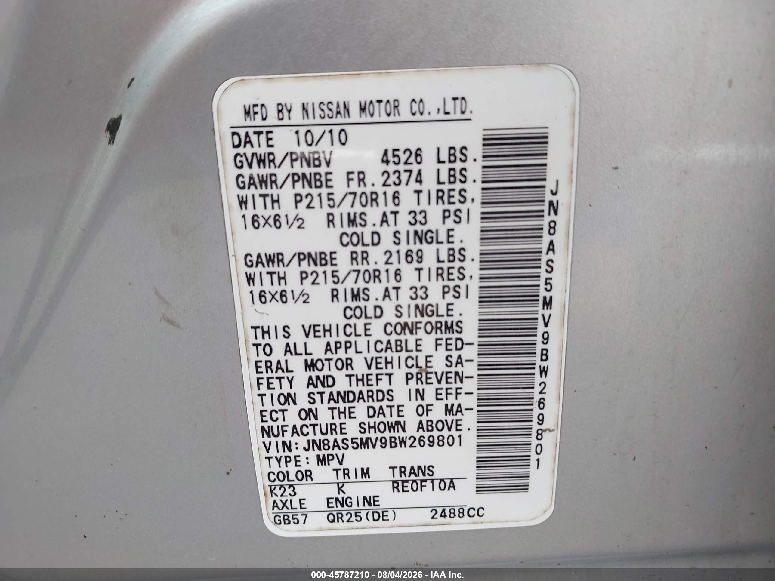 2011 Nissan Rogue S Silver vin: JN8AS5MV9BW269801