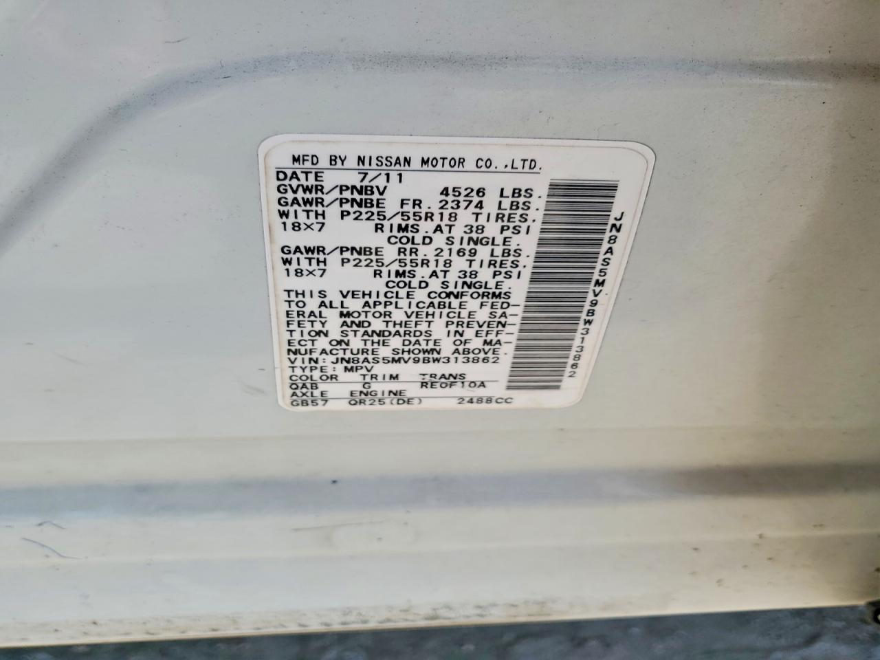 2011 Nissan Rogue S White vin: JN8AS5MV9BW313862