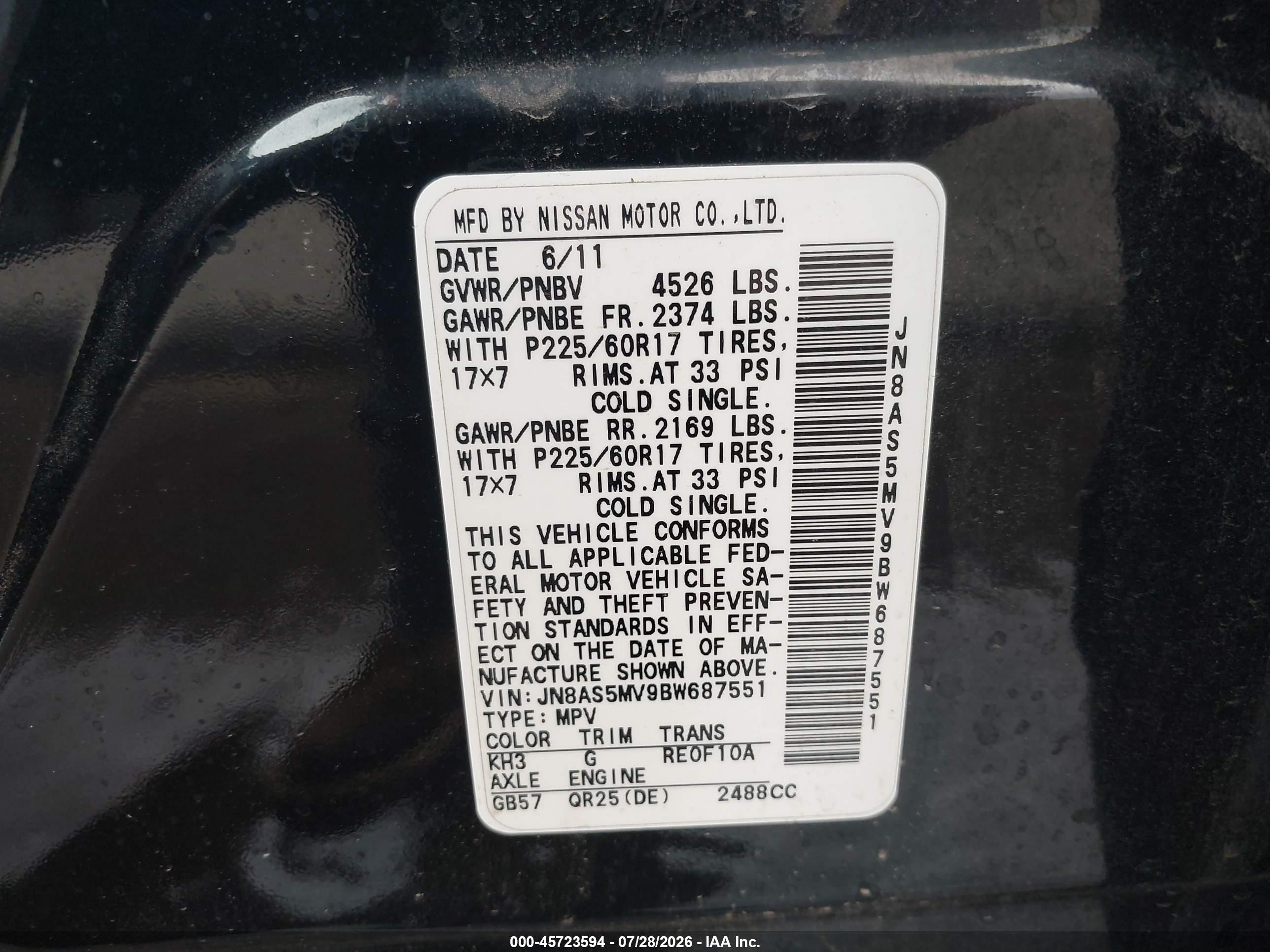 2011 Nissan Rogue Sv Black vin: JN8AS5MV9BW687551