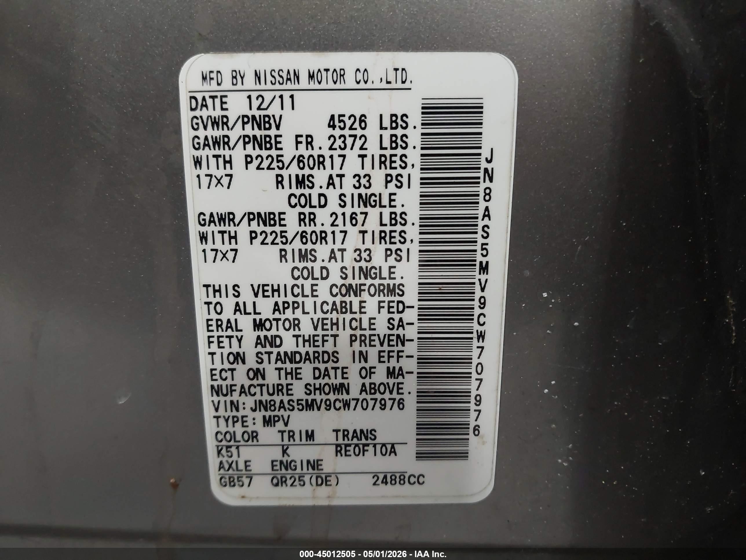2012 Nissan Rogue Sv Pewter vin: JN8AS5MV9CW707976