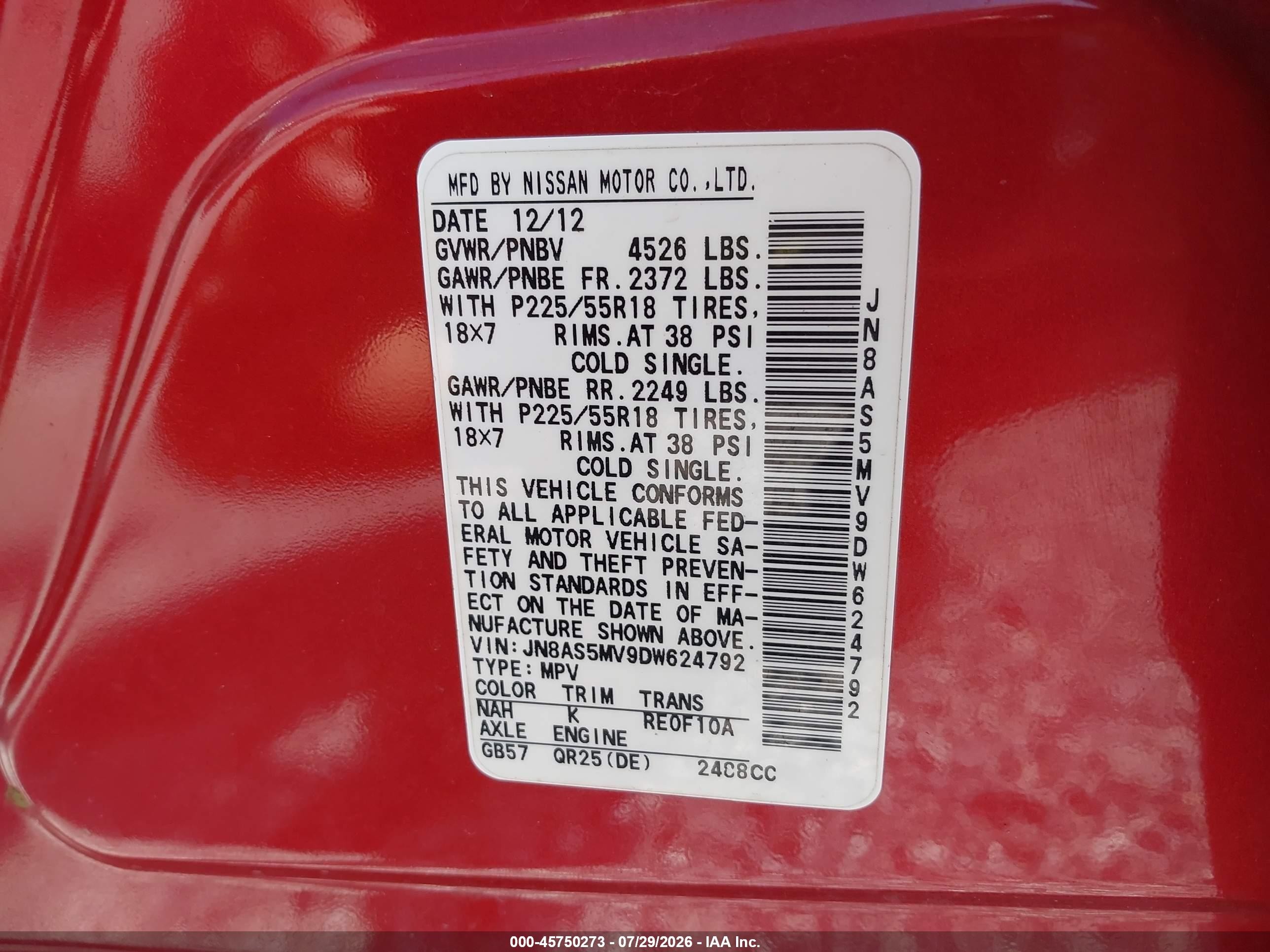 2013 Nissan Rogue Sv W/sl Pkg Red vin: JN8AS5MV9DW624792