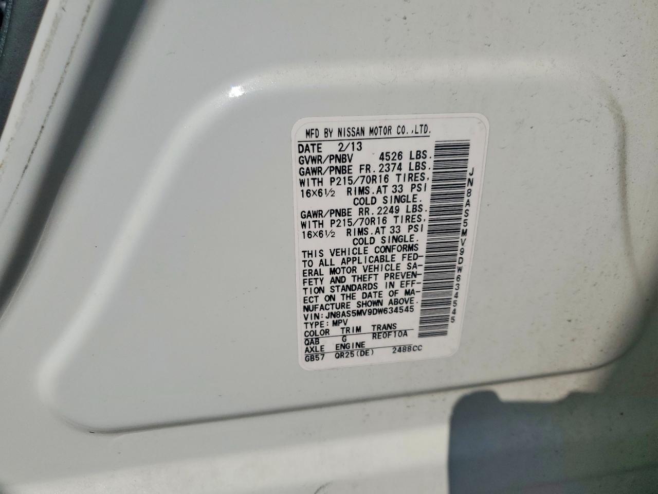2013 Nissan Rogue S White vin: JN8AS5MV9DW634545