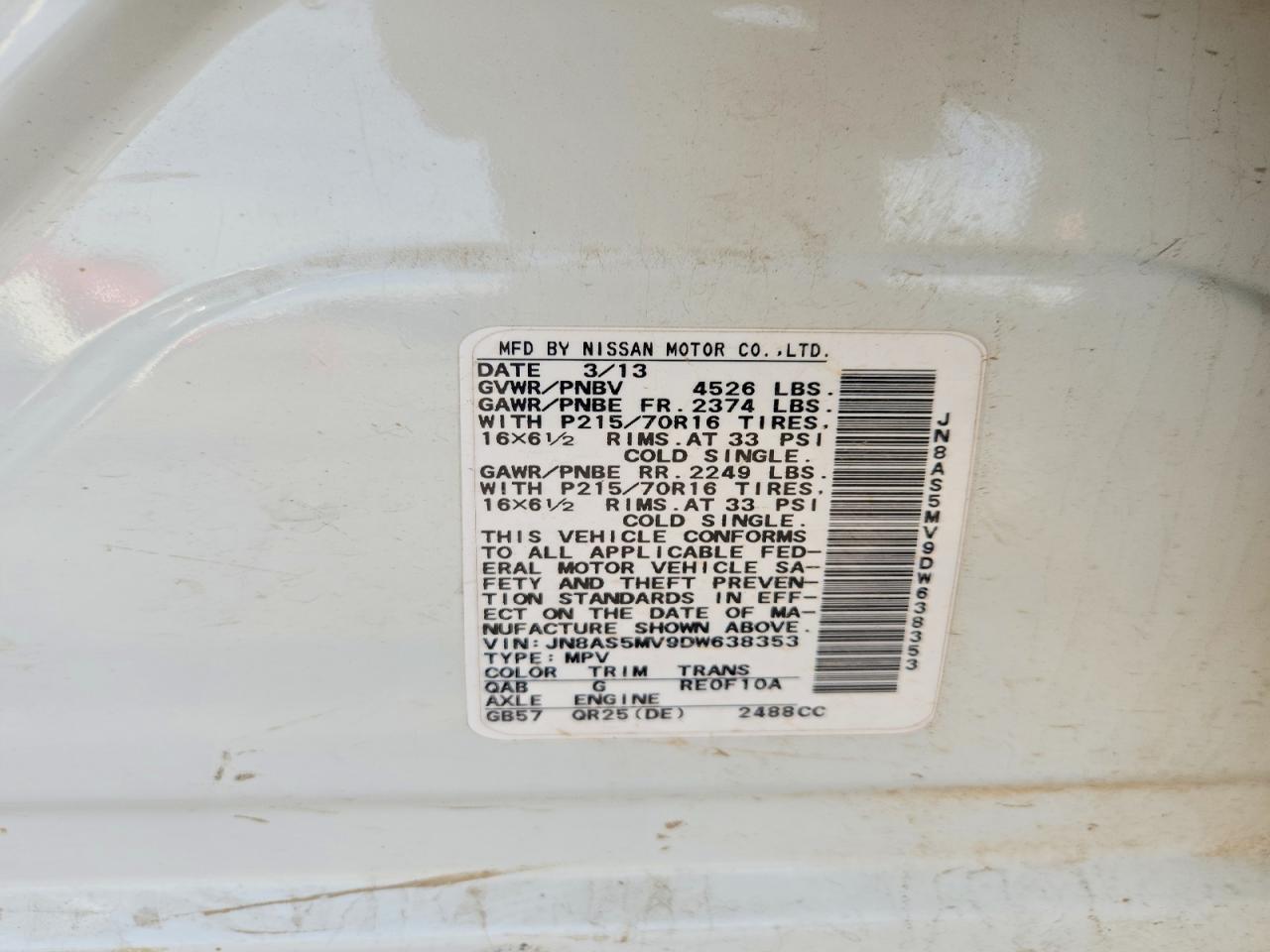 2013 Nissan Rogue S White vin: JN8AS5MV9DW638353