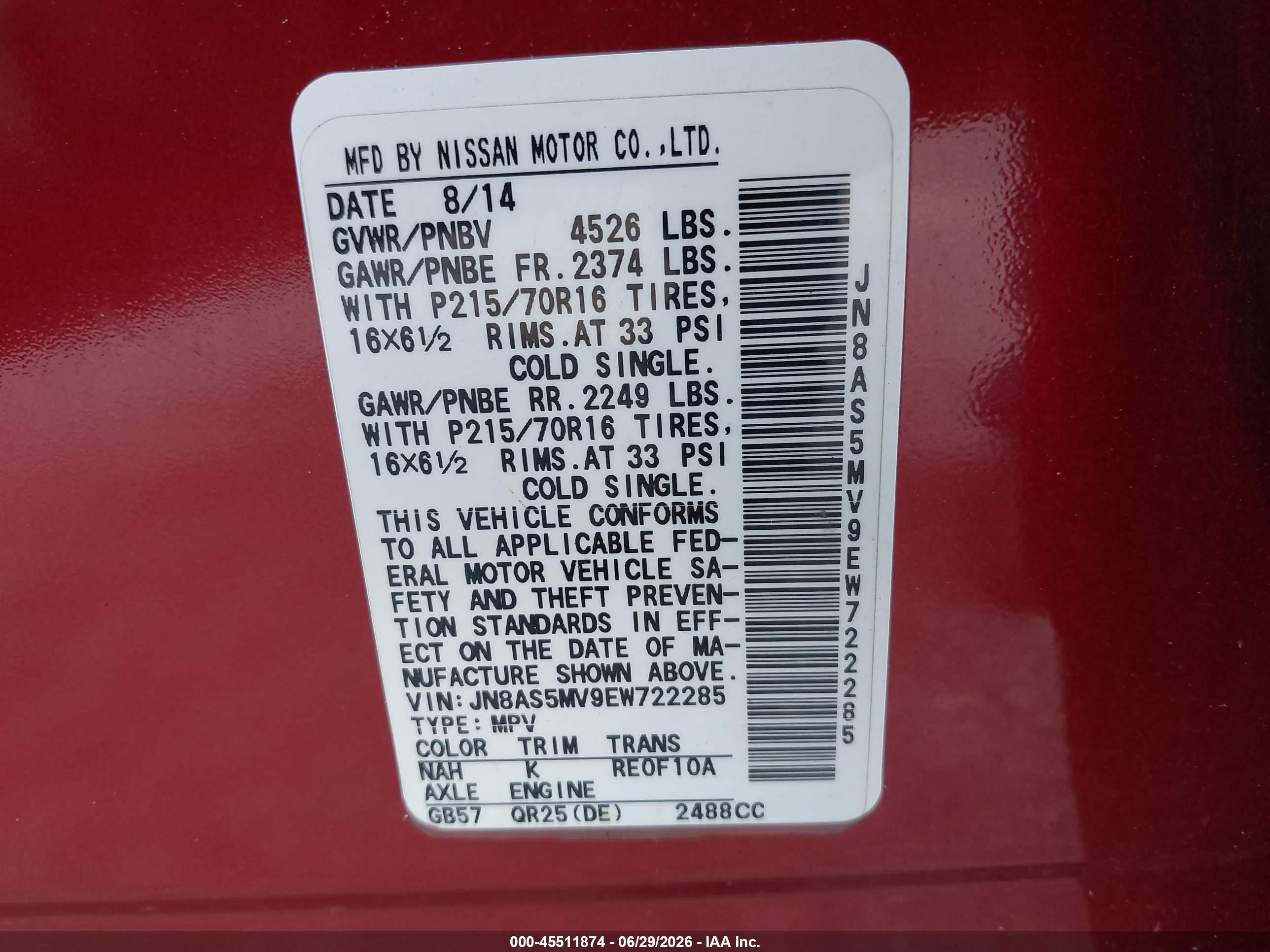 2014 Nissan Rogue Select S Red vin: JN8AS5MV9EW722285