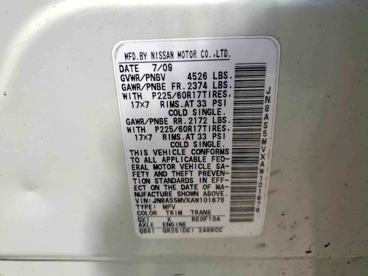 2010 Nissan Rogue S White vin: JN8AS5MVXAW101678