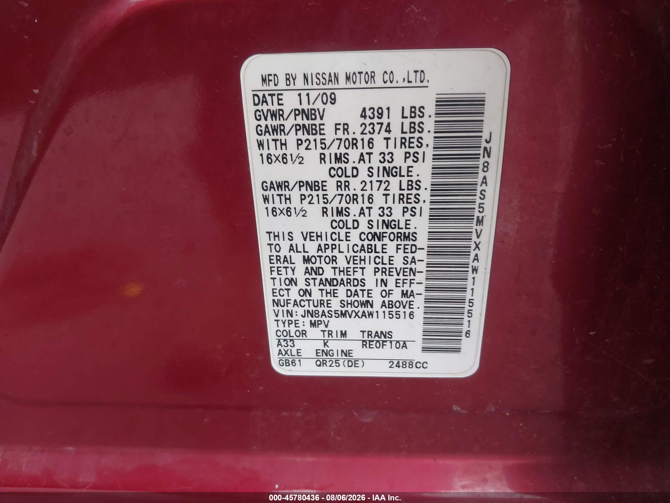 2010 Nissan Rogue S Red vin: JN8AS5MVXAW115516