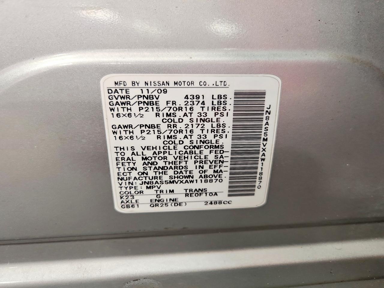 2010 Nissan Rogue S Silver vin: JN8AS5MVXAW118870