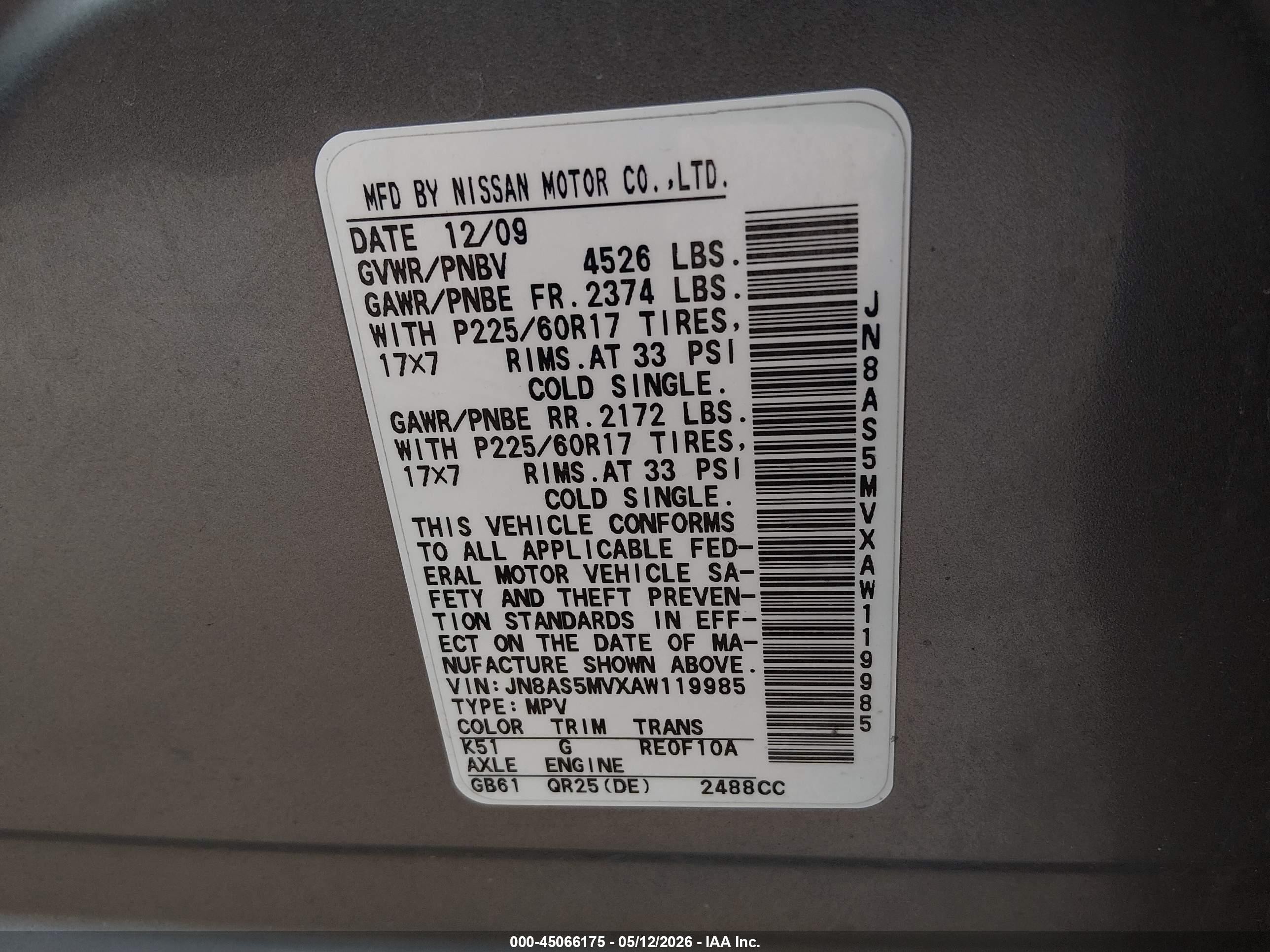 2010 Nissan Rogue Sl Gray vin: JN8AS5MVXAW119985