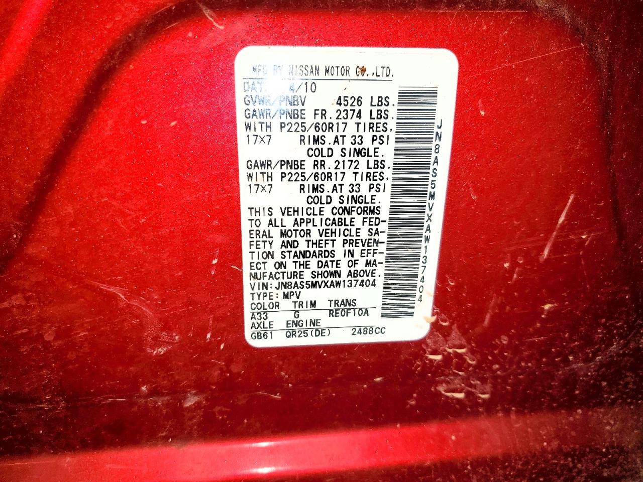 2010 Nissan Rogue S Red vin: JN8AS5MVXAW137404