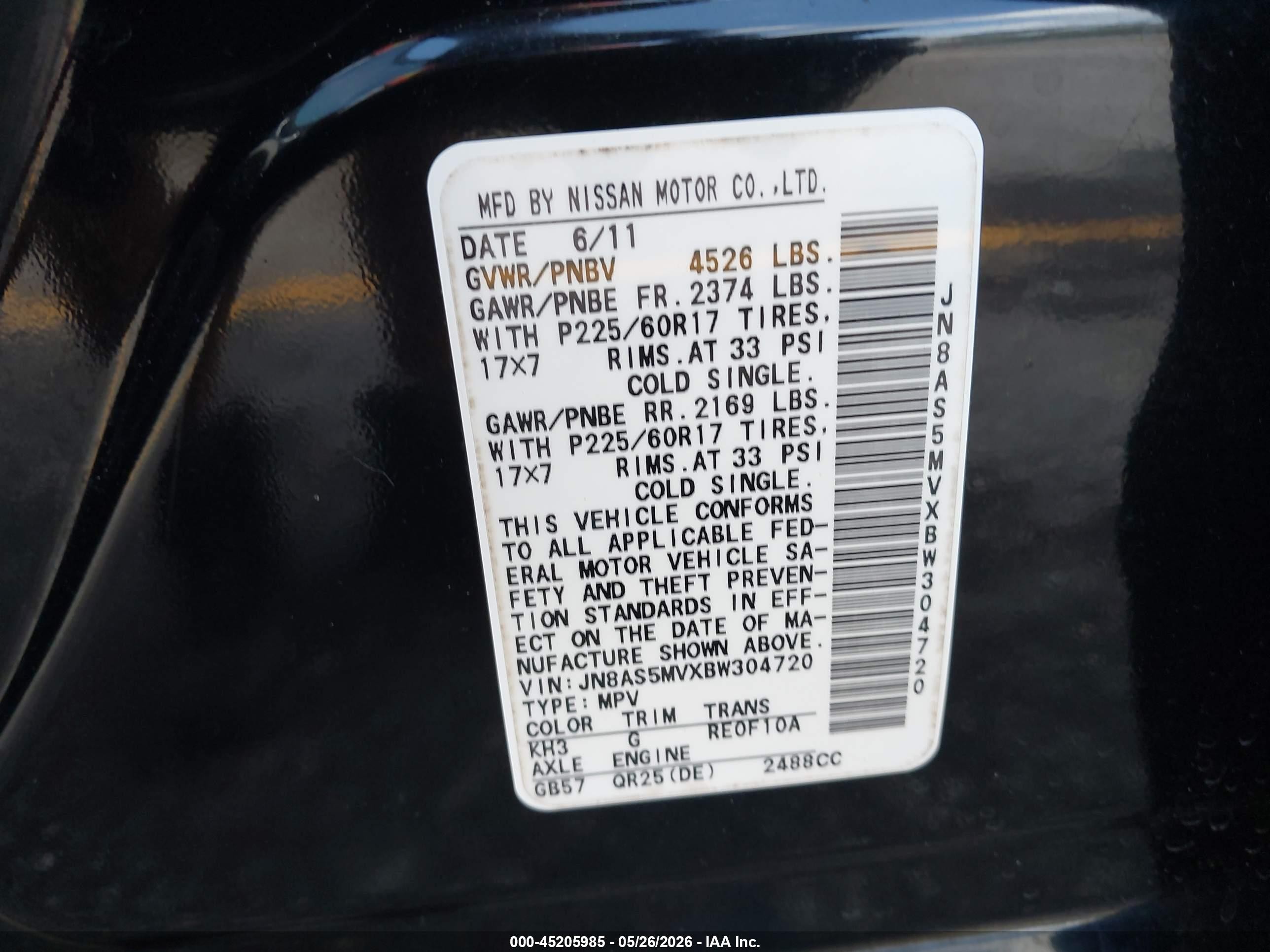 2011 Nissan Rogue Sv Black vin: JN8AS5MVXBW304720