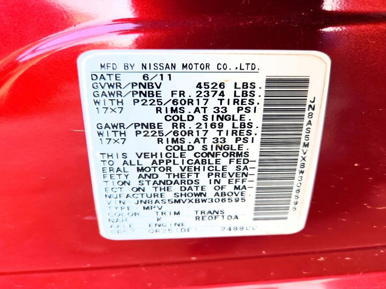 2011 Nissan Rogue S/sv/krom Red vin: JN8AS5MVXBW306595