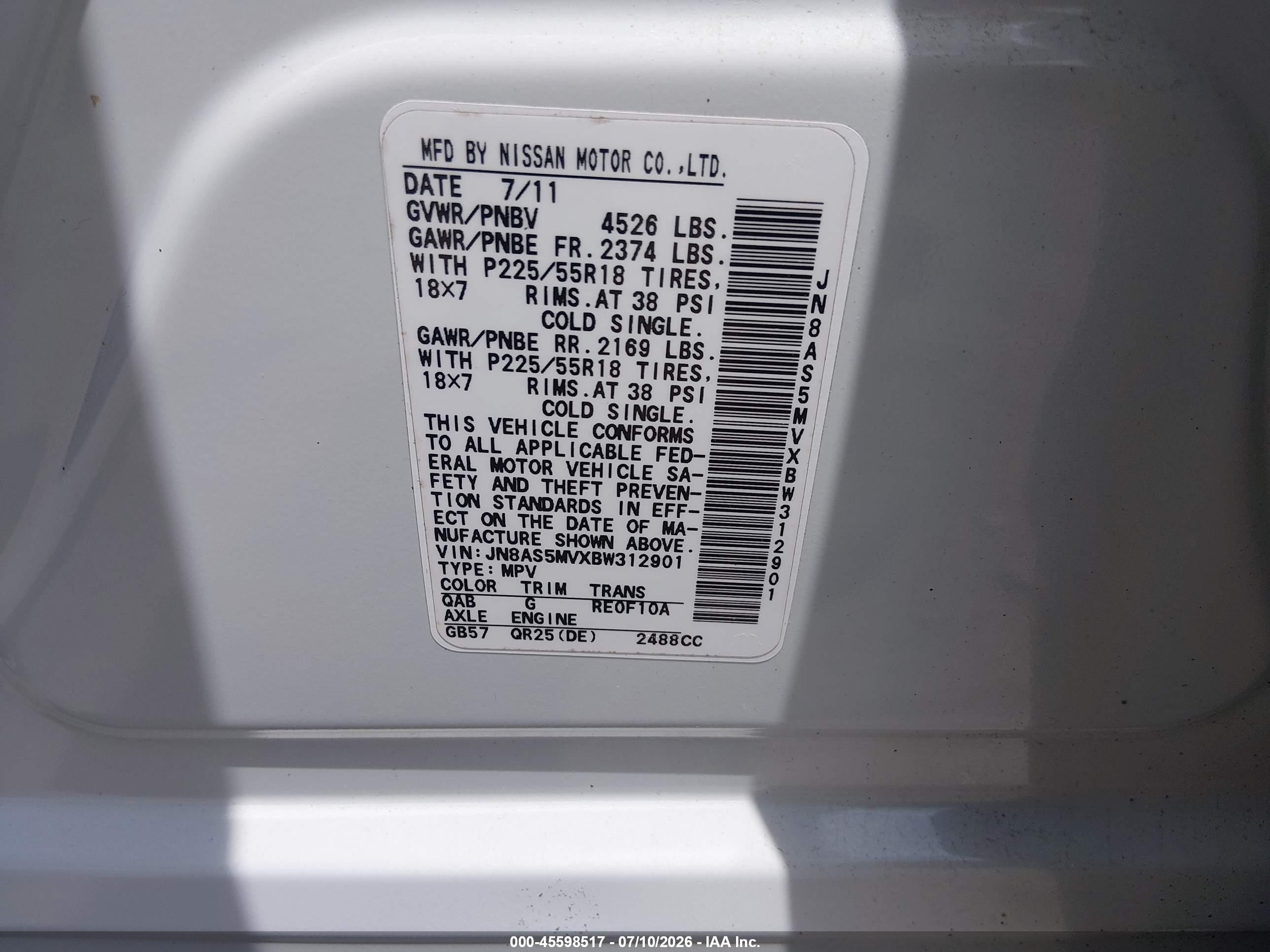 2011 Nissan Rogue Sv White vin: JN8AS5MVXBW312901