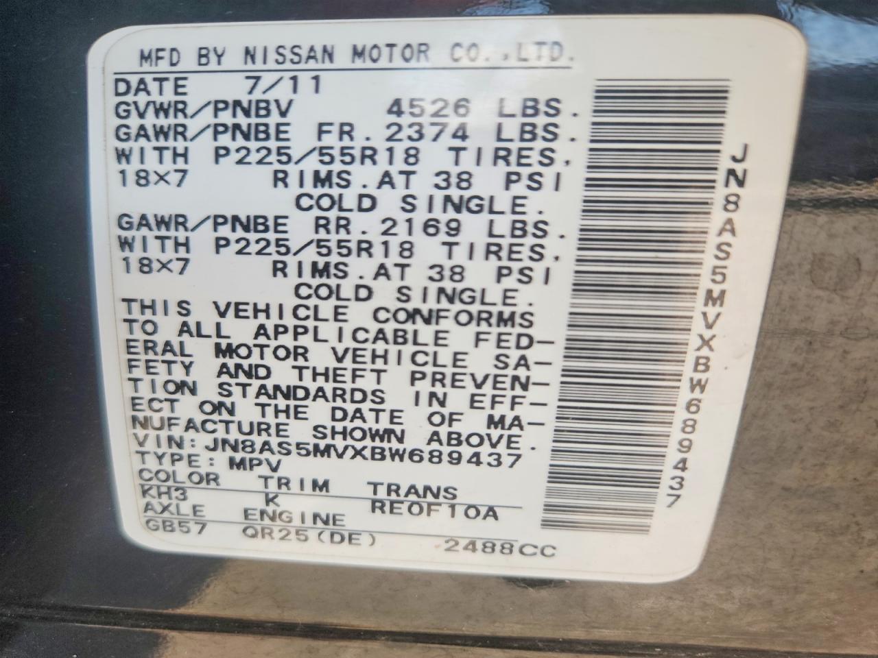 2011 Nissan Rogue Black vin: JN8AS5MVXBW689437