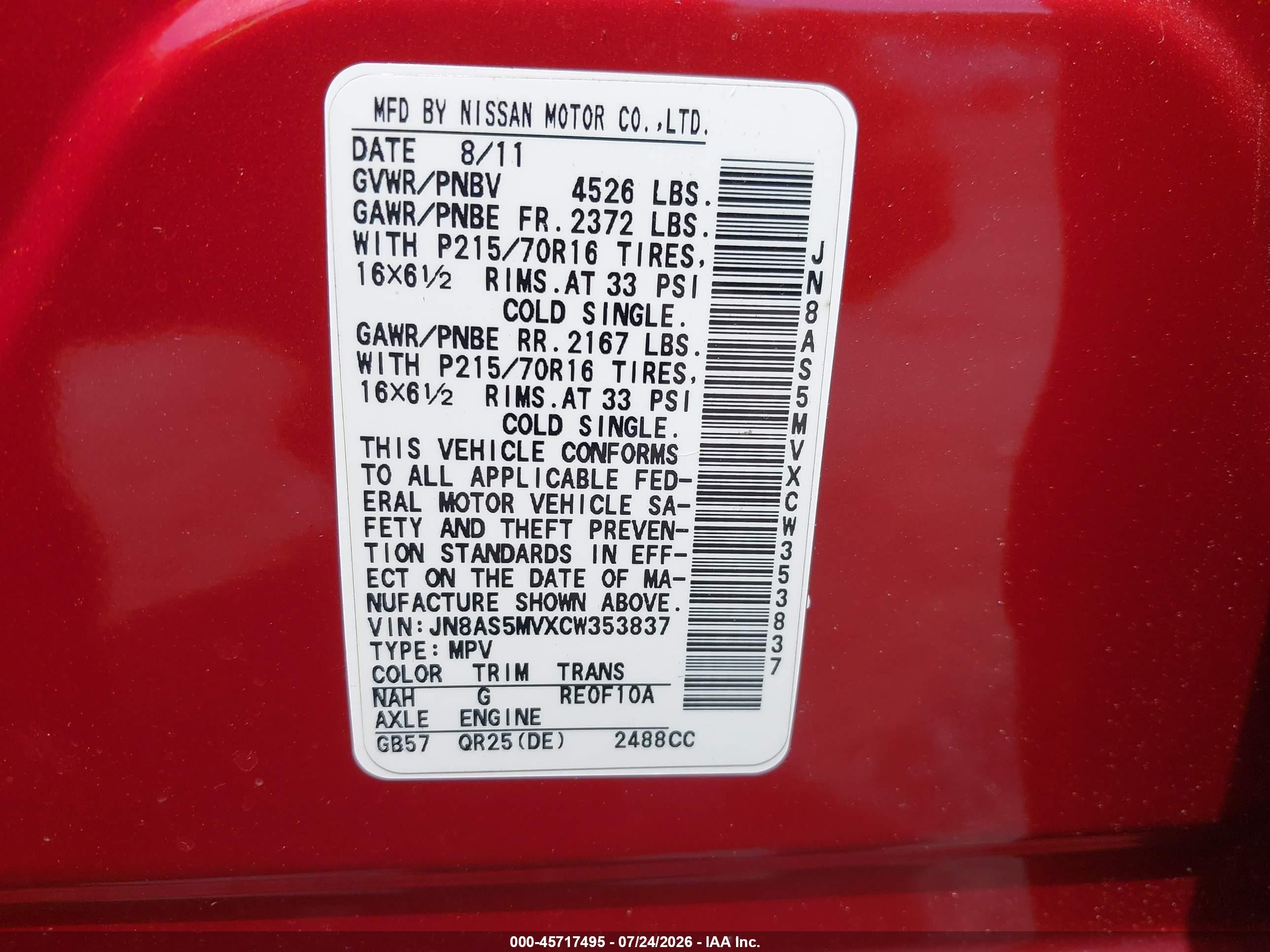 2012 Nissan Rogue S Red vin: JN8AS5MVXCW353837