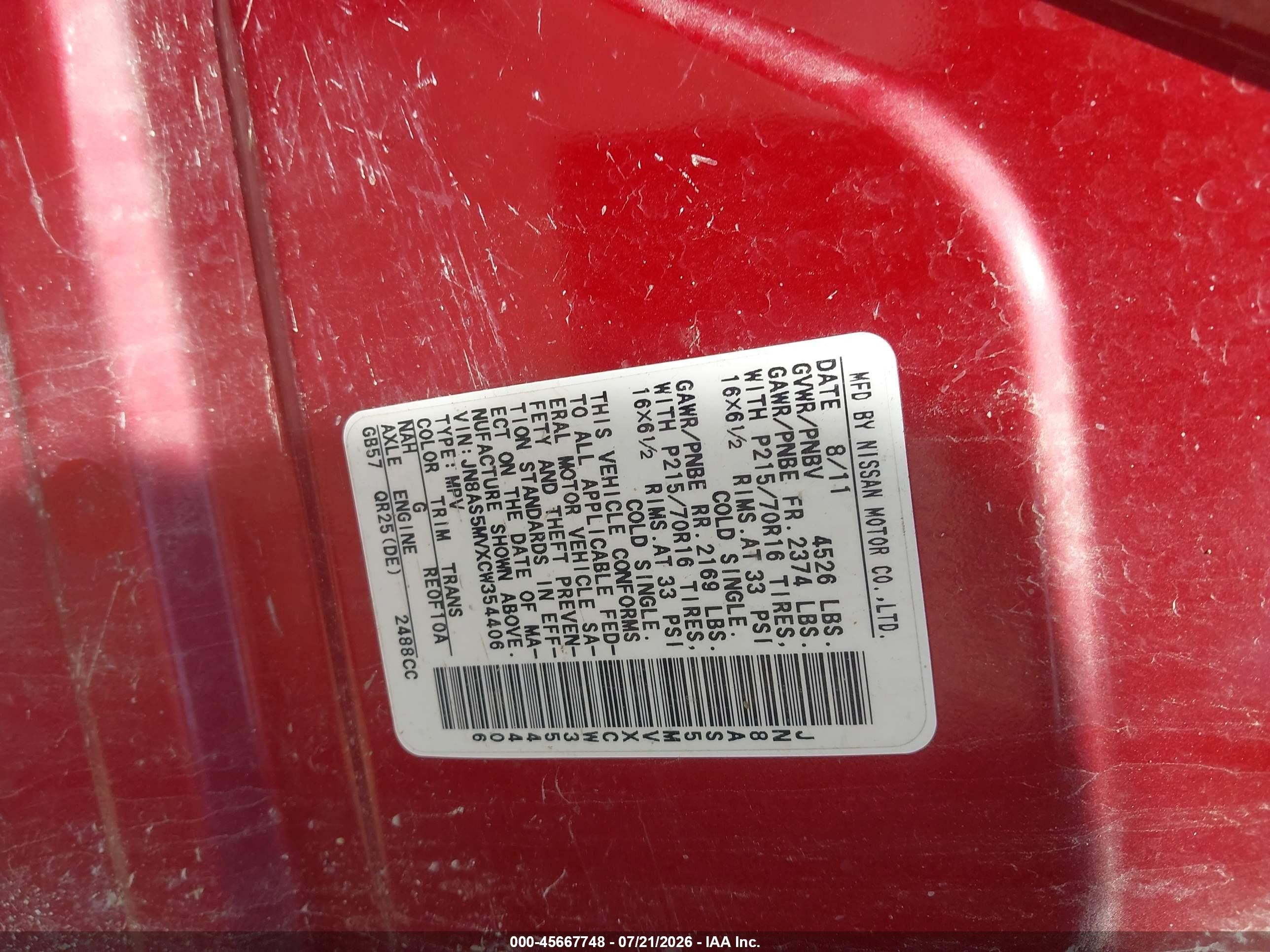 2012 Nissan Rogue S Red vin: JN8AS5MVXCW354406