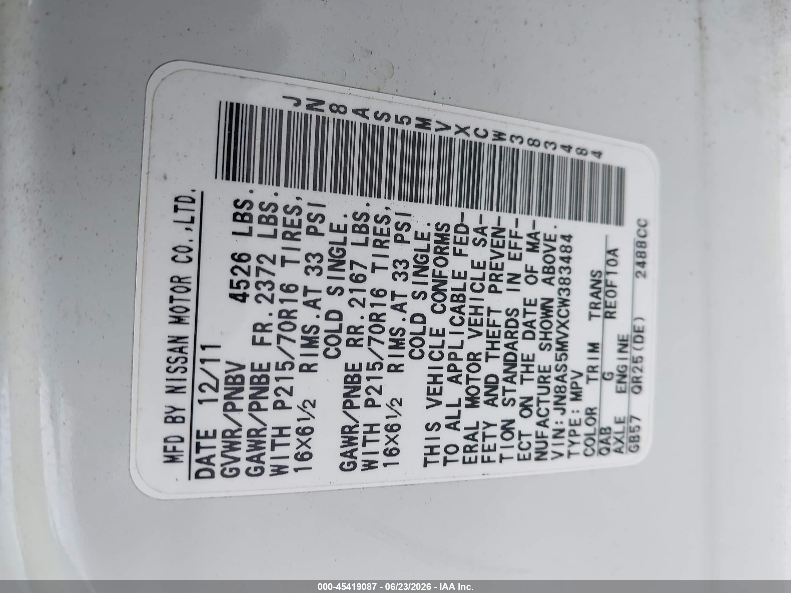 2012 Nissan Rogue S White vin: JN8AS5MVXCW383484