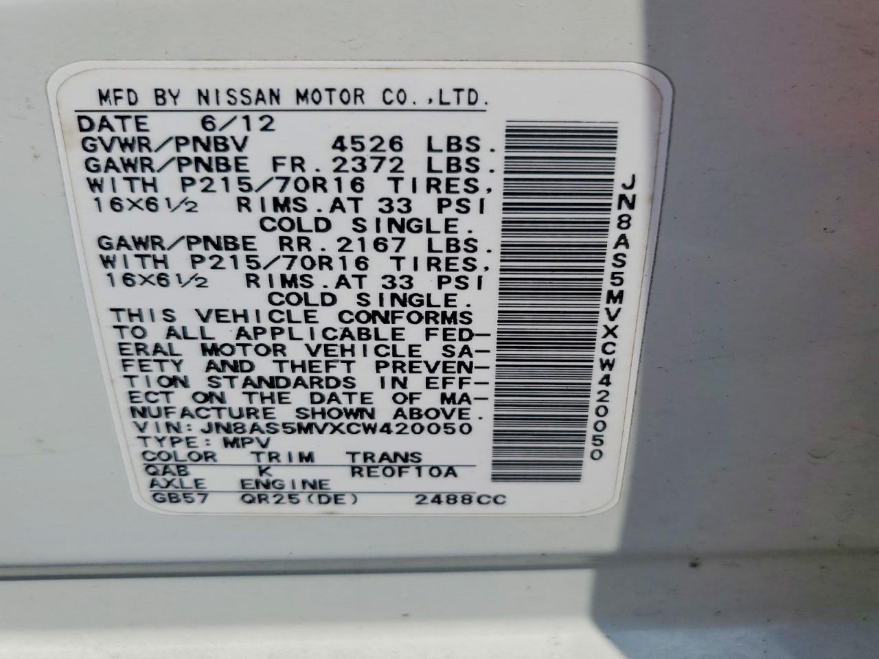 2012 Nissan Rogue S White vin: JN8AS5MVXCW420050