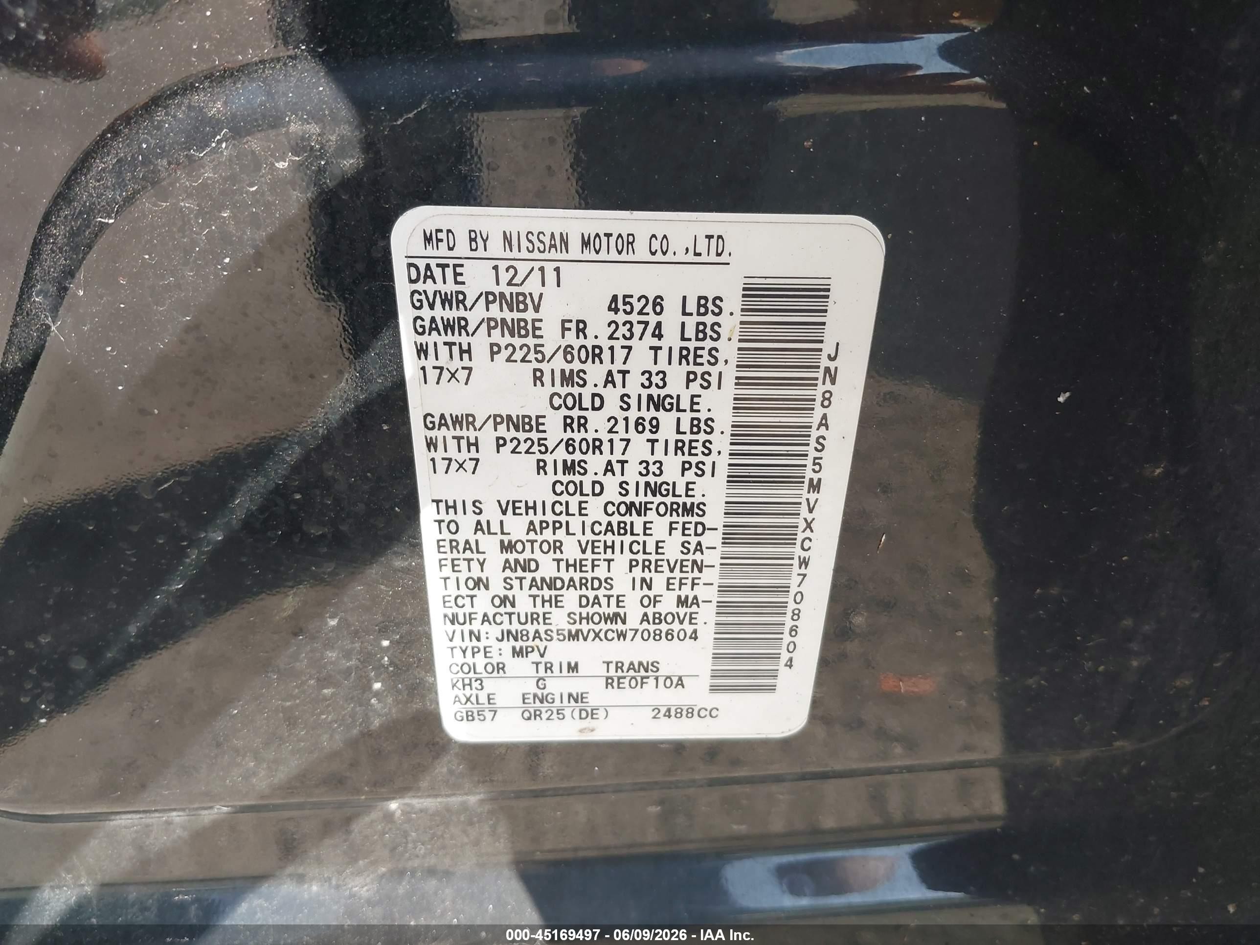 2012 Nissan Rogue Sv Black vin: JN8AS5MVXCW708604