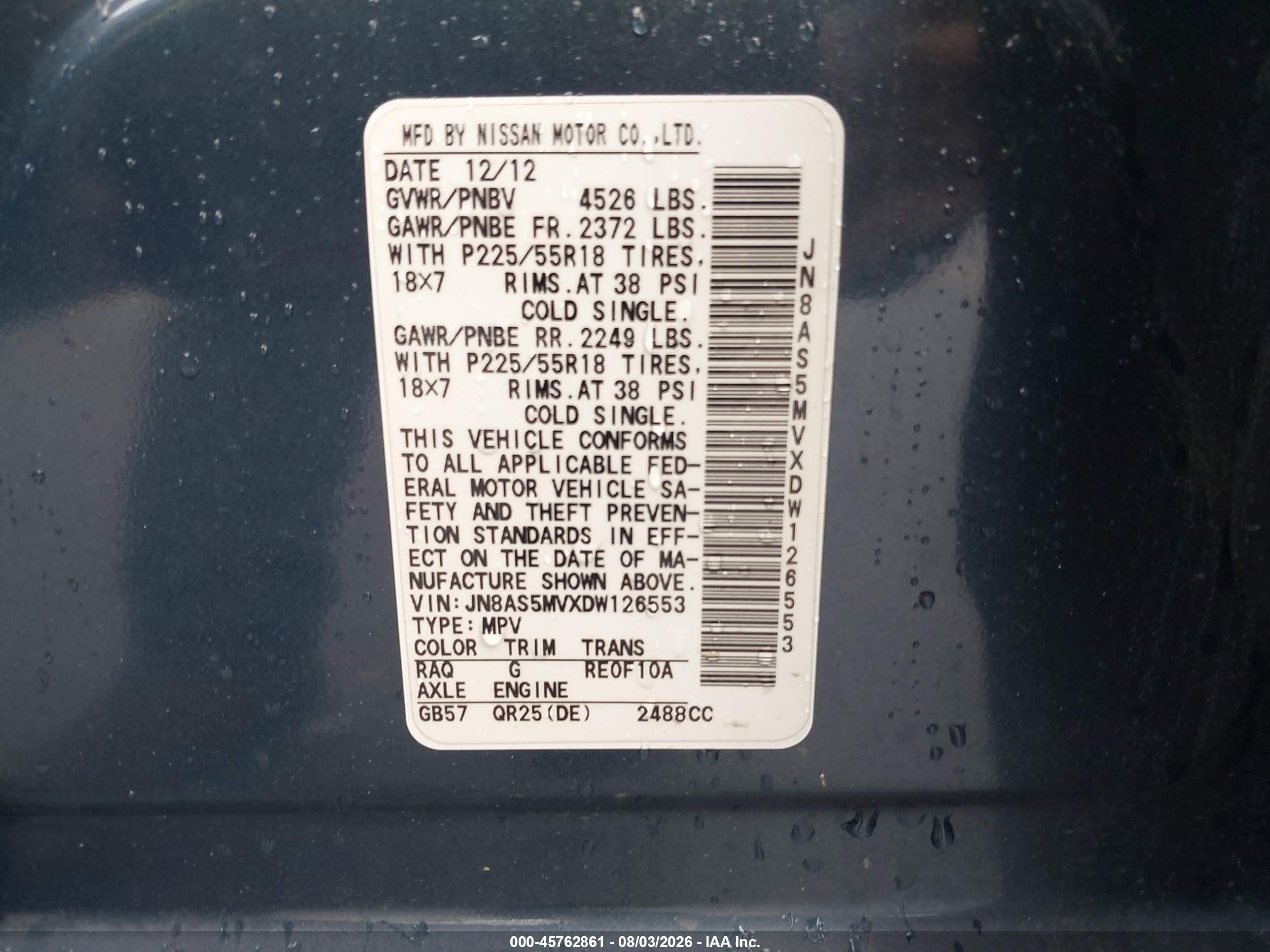 2013 Nissan Rogue Sv W/sl Pkg Black vin: JN8AS5MVXDW126553
