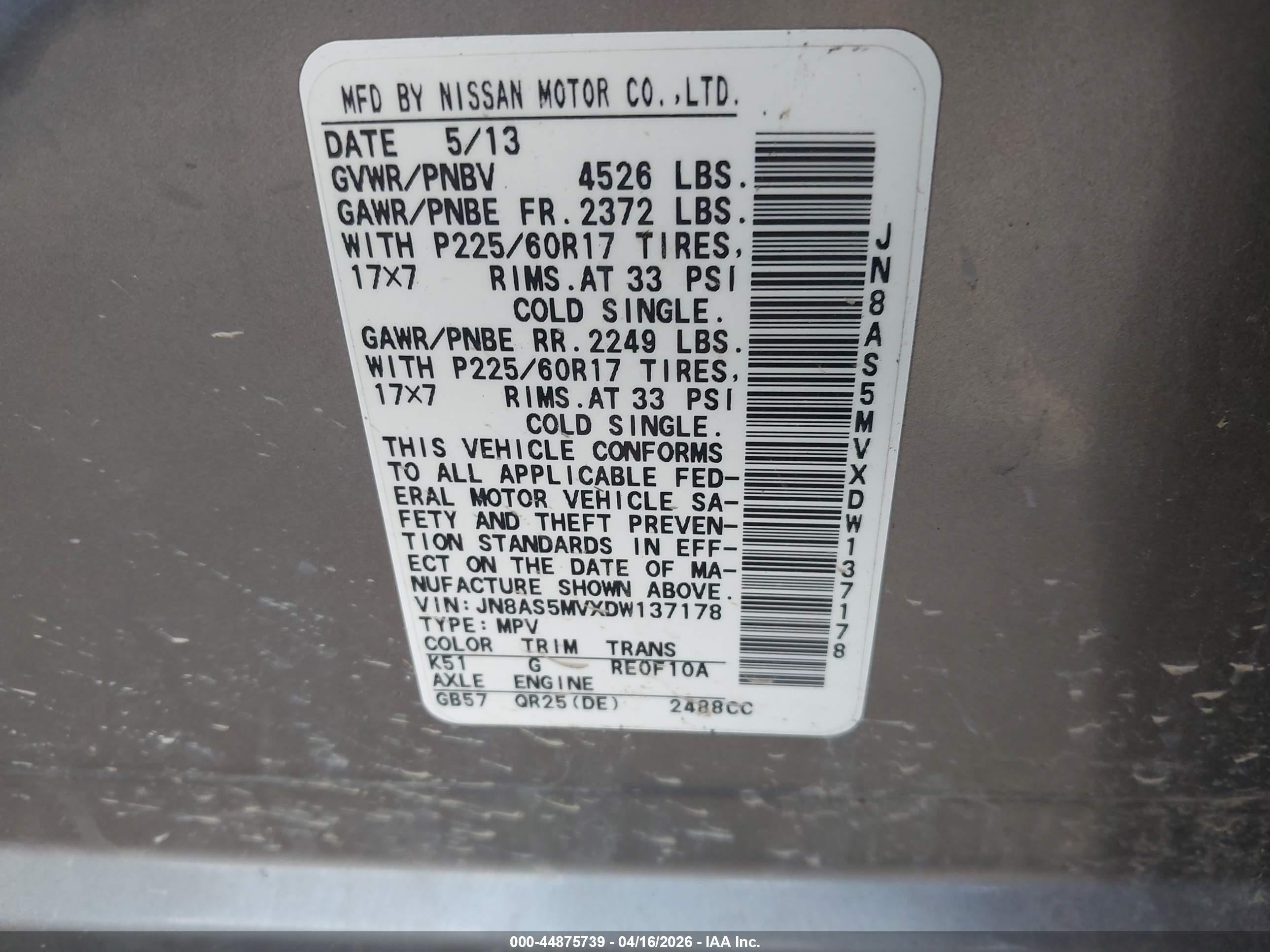 2013 Nissan Rogue Sv Gray vin: JN8AS5MVXDW137178