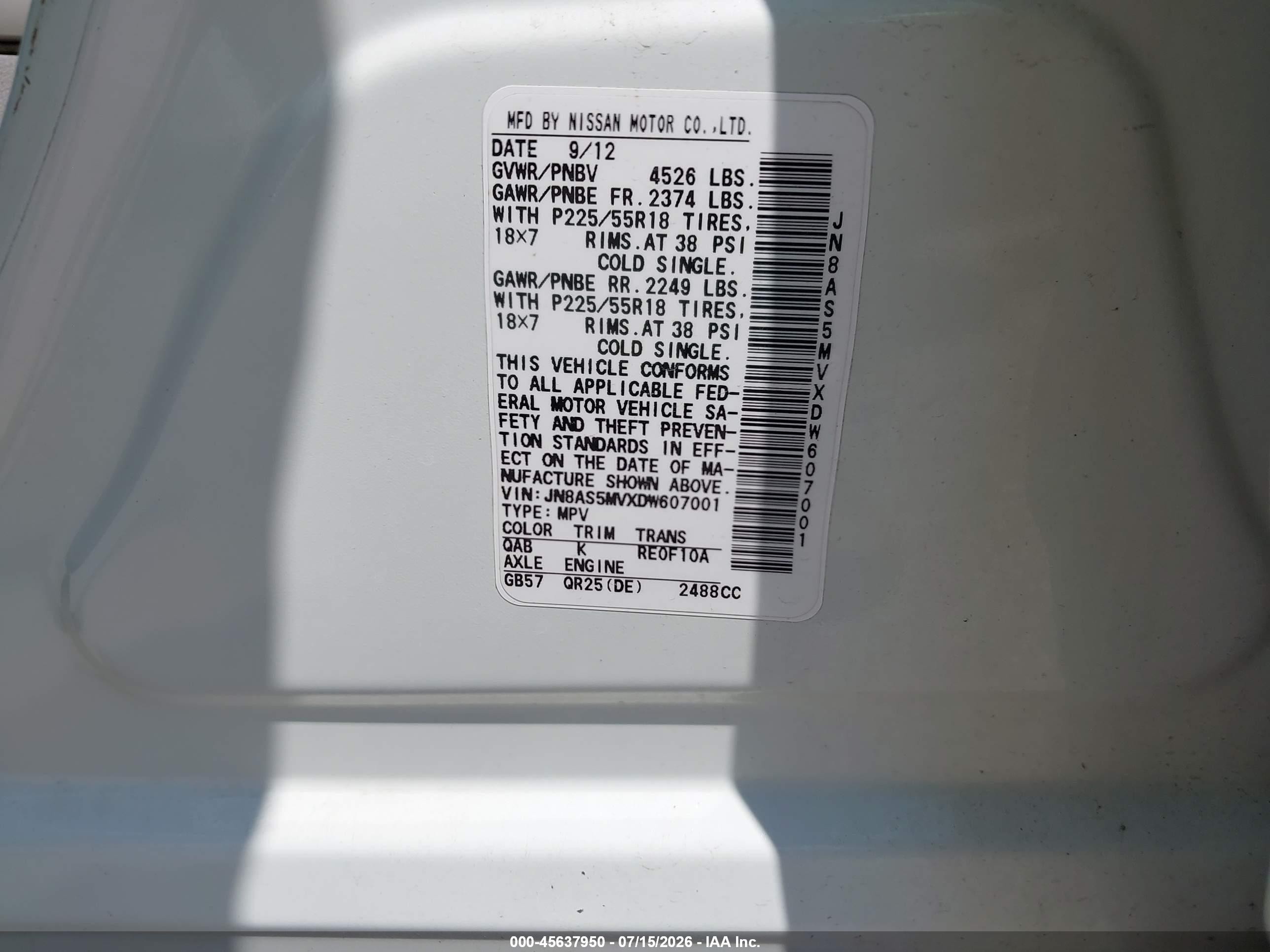 2013 Nissan Rogue Sv W/sl Pkg White vin: JN8AS5MVXDW607001