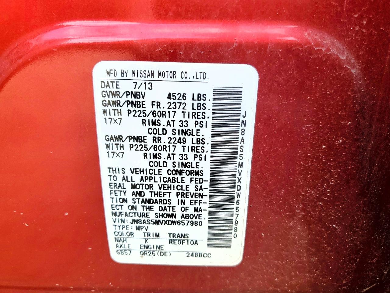 2013 Nissan Rogue S Red vin: JN8AS5MVXDW657980