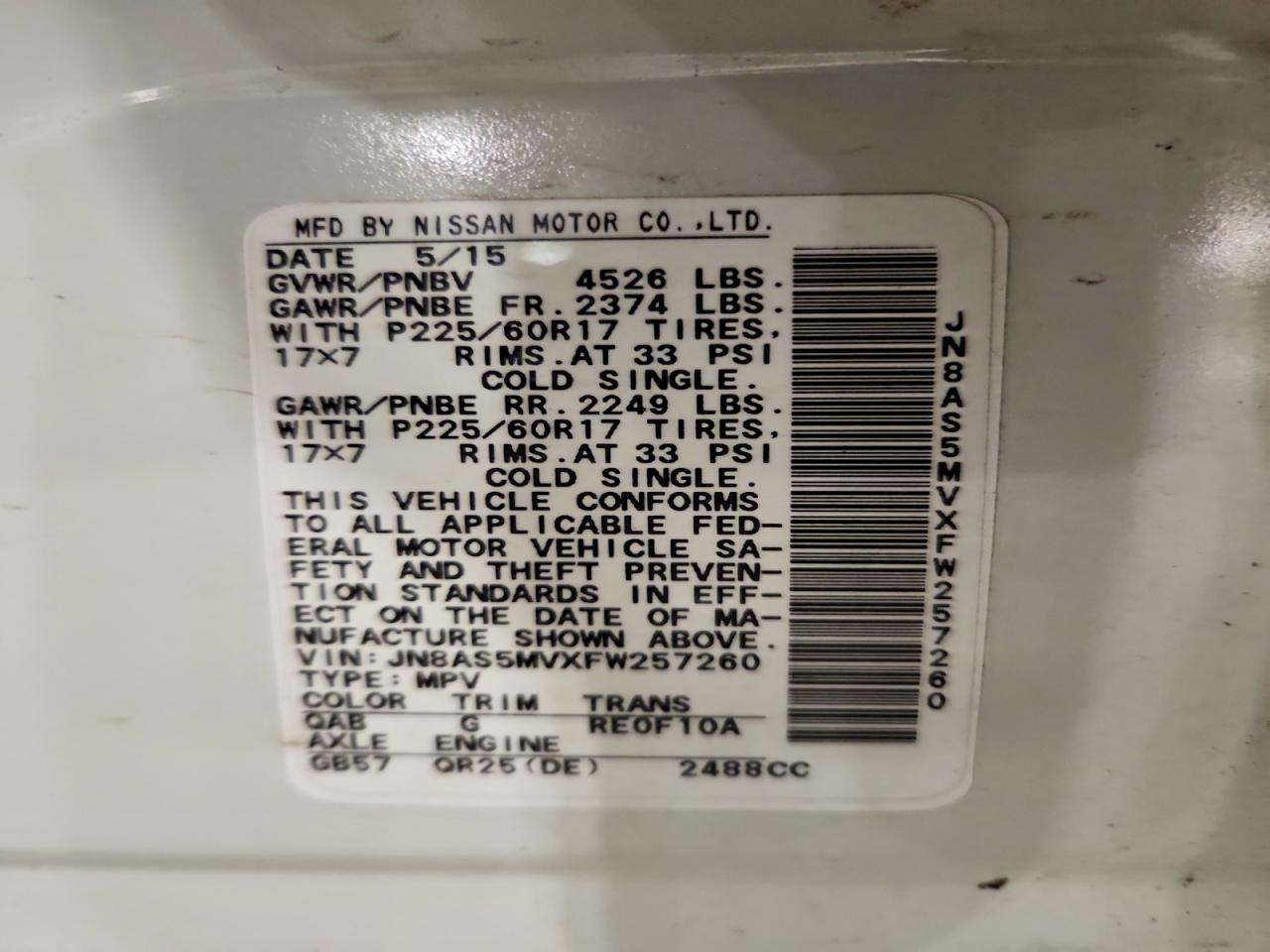 2015 Nissan Rogue Select S White vin: JN8AS5MVXFW257260