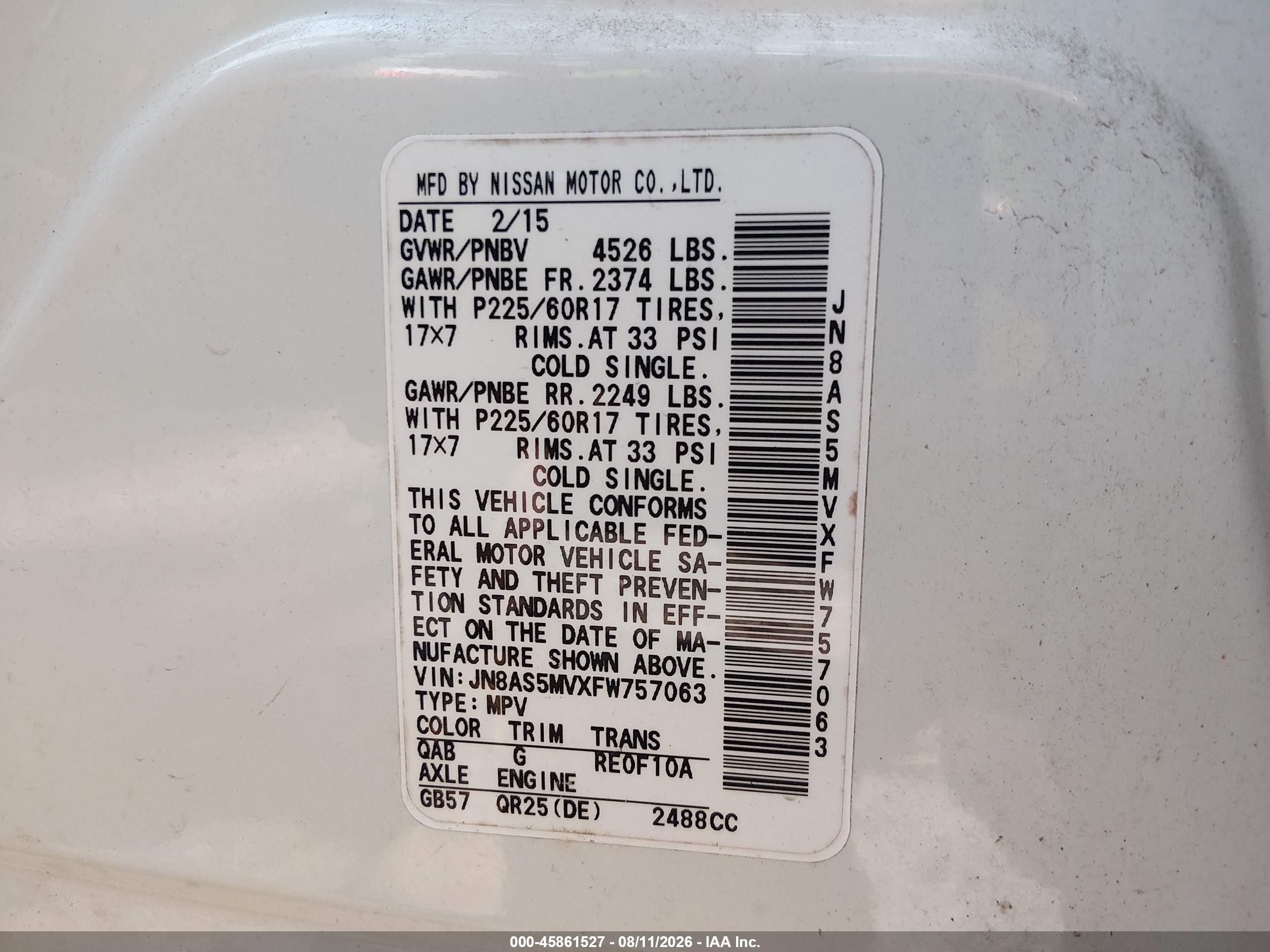 2015 Nissan Rogue Select S White vin: JN8AS5MVXFW757063